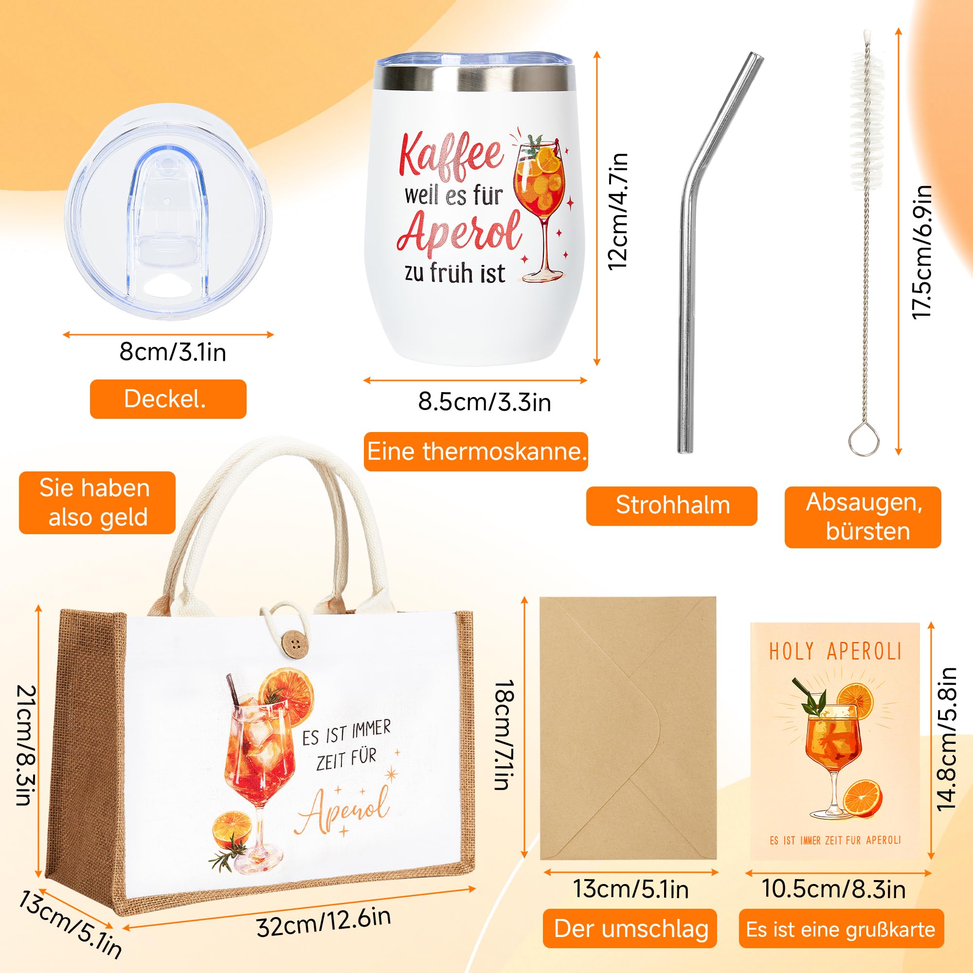 3-teiliges Spritz-Geschenkset für Apéro– Edelstahl Weinbecher 350 ml mit Deckel & Strohhalm, XXL Jute Strand-/Geschenktasche 32×22×13 cm, Premium Geburtstagskarte – Sommer, Party, Freundin, Damen