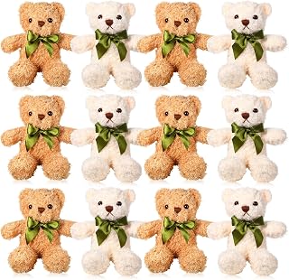 12 Pack Bear Stuffed Animals Plush Bear Toy 10 Inch Small Stuffed Bears with Bow Tie for Birthday Gift, Baby Shower Graduation Party Favors (White, Light Brown)