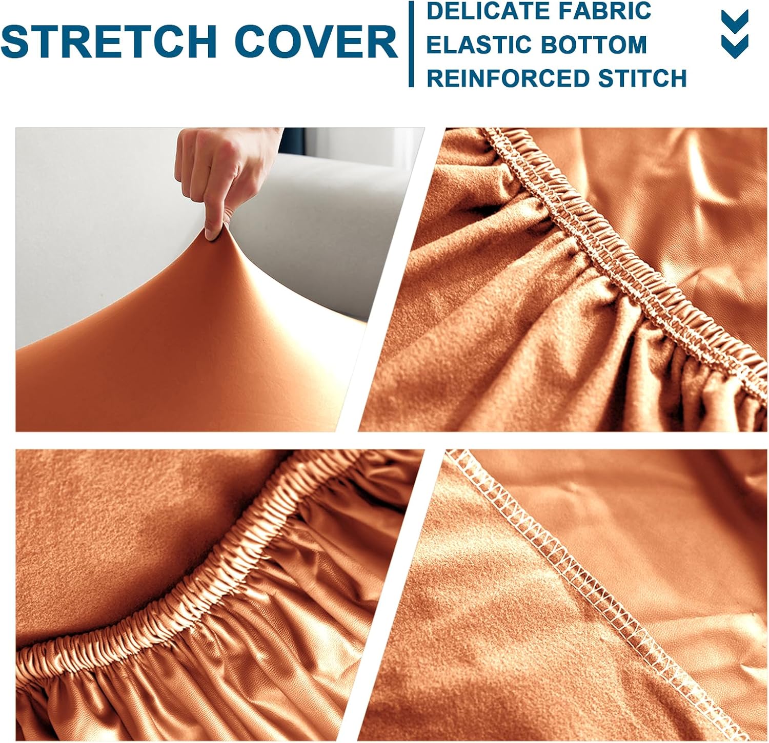 100% Waterproof Sofa Seat Cushion Covers, Stretch PU Leather Fabric Individual Couch Cushion Cover with 2 Straps, for Kids Pets (Orange,W 61-69 in, D 25-31 in)