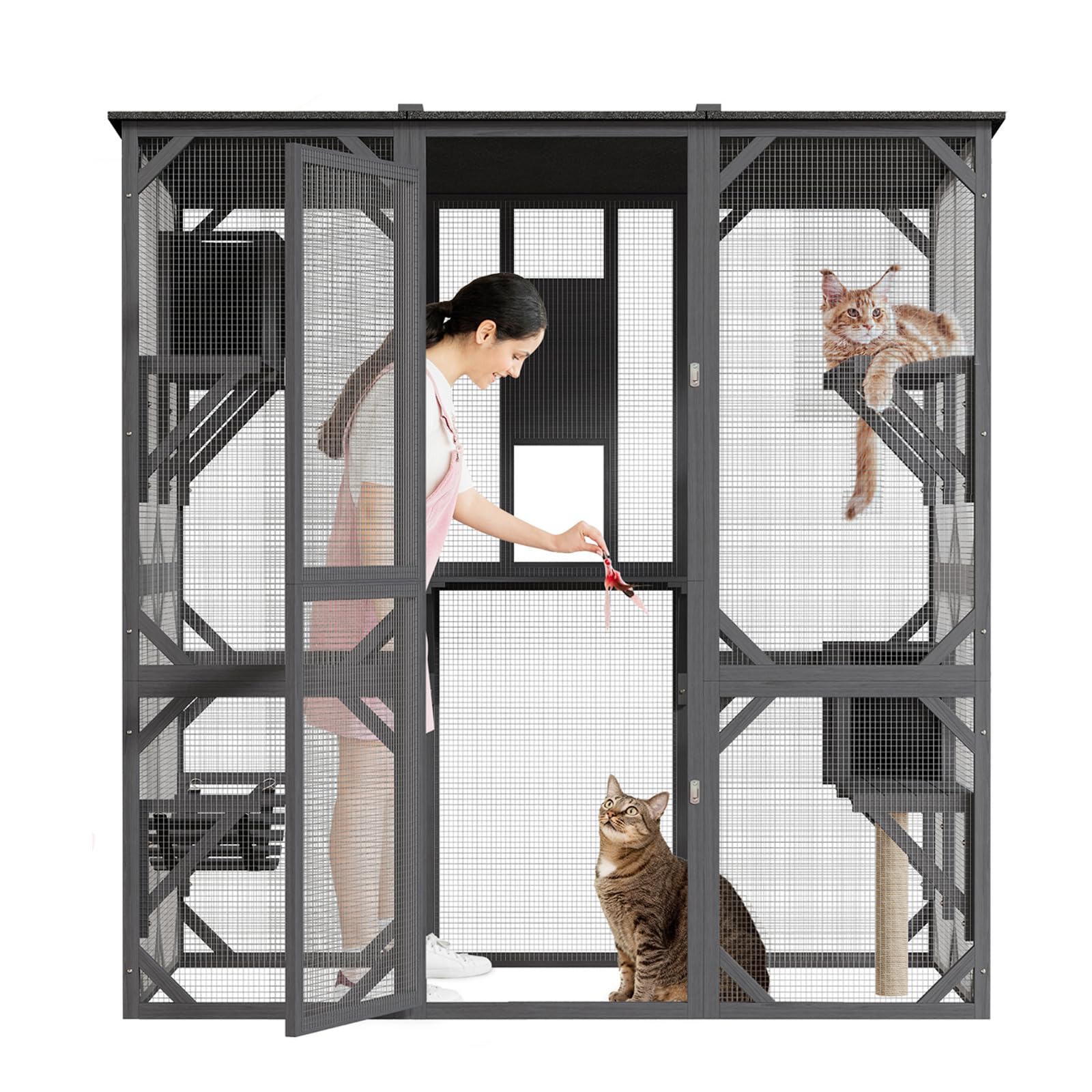 Large Walk-in Catio Outdoor, 70'' Wooden Window Access Cat Enclosure for Multiple Cats with Waterproof Roof, Feral Cat Shelter with Platforms, Hammock, Scratching Post and Rest Box Grey, Grey, 68''W