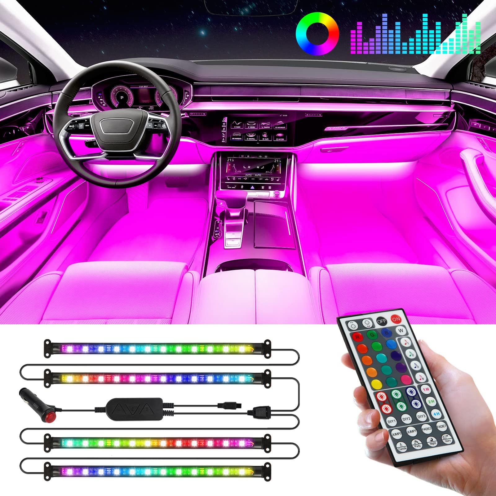 LED Lights for Car, CT CAPETRONIX Clearance Car LED Lights Interior Car Accessories with 2 in 1 Design, 16 Million Colors Music Sync DIY Under Dash Car Lights with Charger, DC 12V