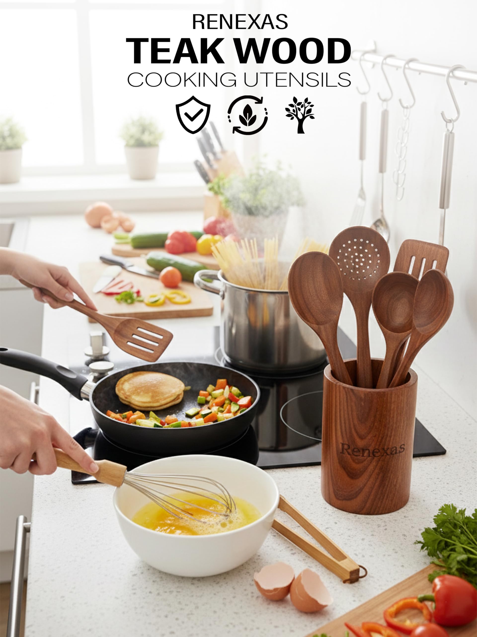 12 cucharas de madera para utensilios de cocina, cucharas de cocina de madera de teca natural con juego de espátulas antiadherentes, utensilios de cocina de bambú con soporte, juego de cucharas de