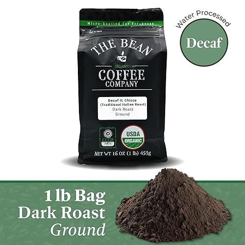 Miniatura 2 de The Bean Organic Coffee Company Procesado por agua DECAF IL Chicco (tostado italiano tradicional), tostado oscuro, café molido, bolsa de 16 onzas