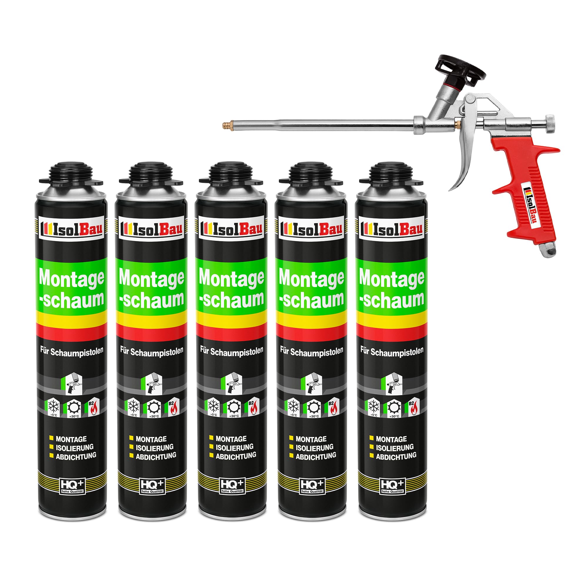 Isolbau Bauschaum-Set - Inkl. 5 x 1K Montageschaum B2 Pistolenschaum mit hervorragender Schall und Wärmedämmung (je 750 ml) & 1x Schaumpistole, Verfüllen