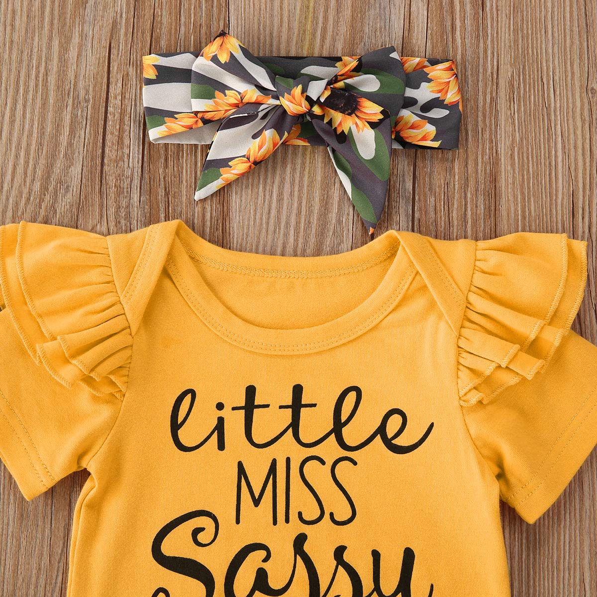 Newborn Baby Girls Cotton Short Sleeve Ruffle Bodysuit and Floral Shorts Headband Outfit Summer Clothes Set (6-12 Months, Yellow Little Miss Sassy Camouflage)