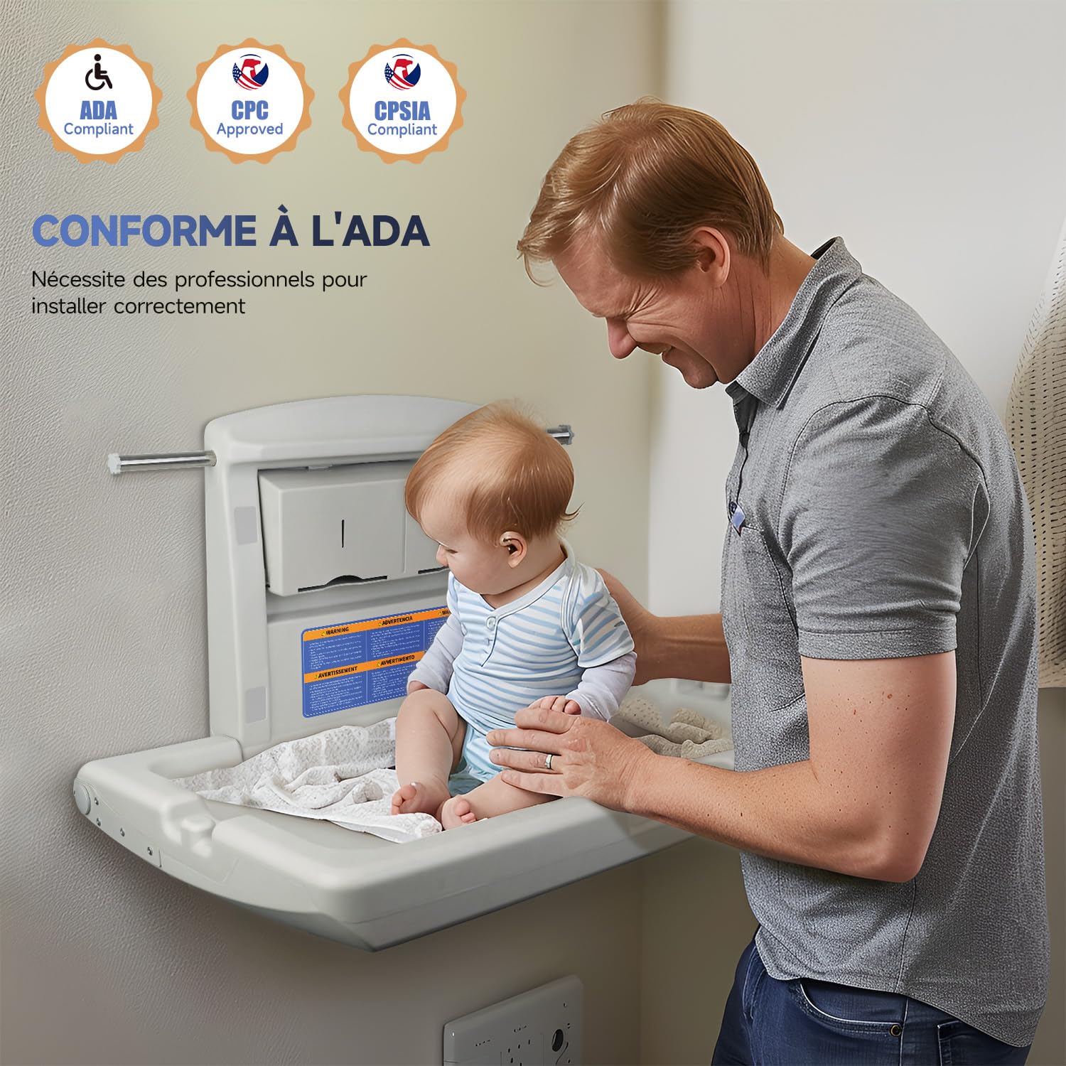 AIKE Table à Langer Horizontale Mural Pliable Bébé Commerciale Conforme CPC Blanc Grisâtre