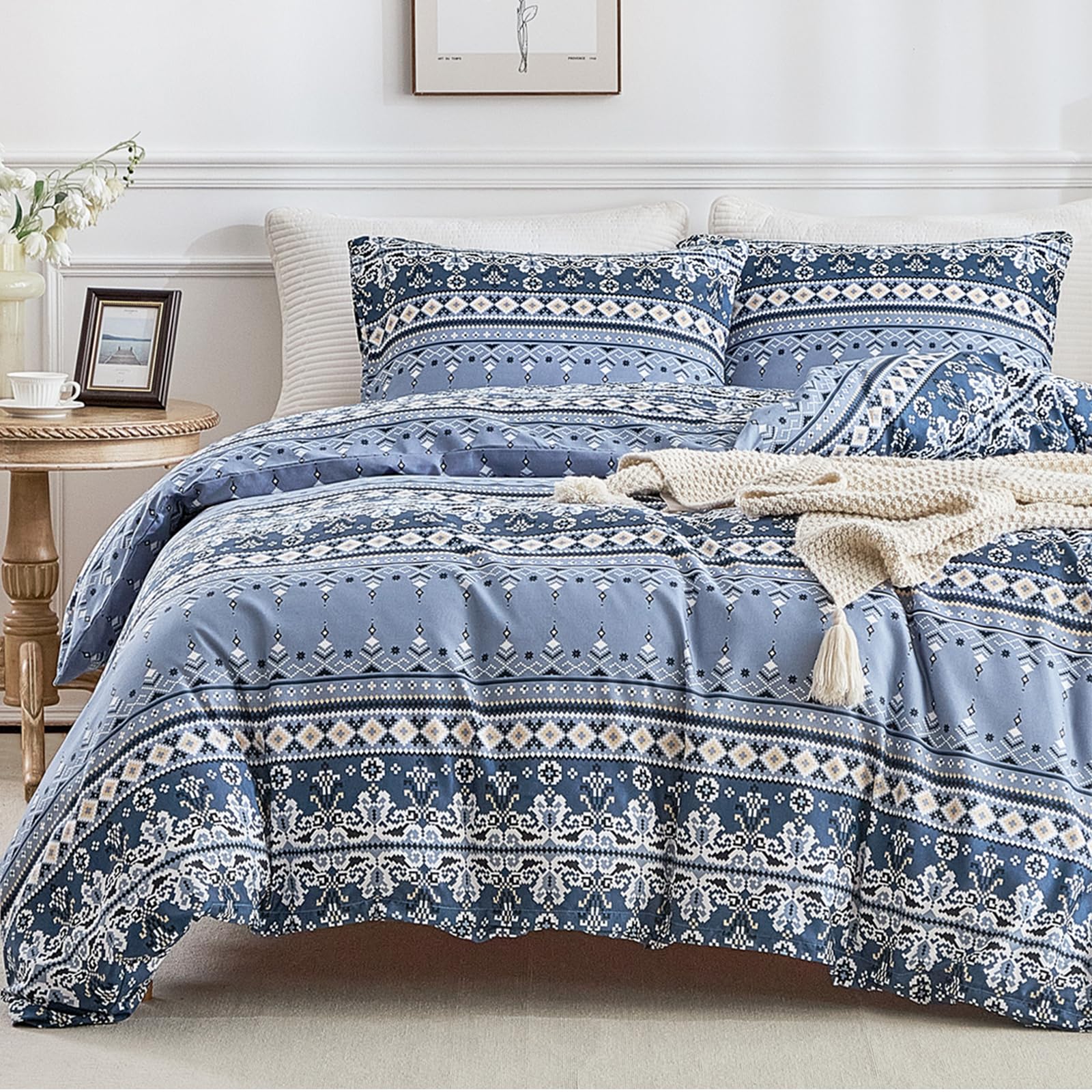 Lekesky Bohemian King Size Duvet Cover Sets Blue Bedding Geomoetric Stripes Print Bedding Sets King Size (1x Quilt Cover