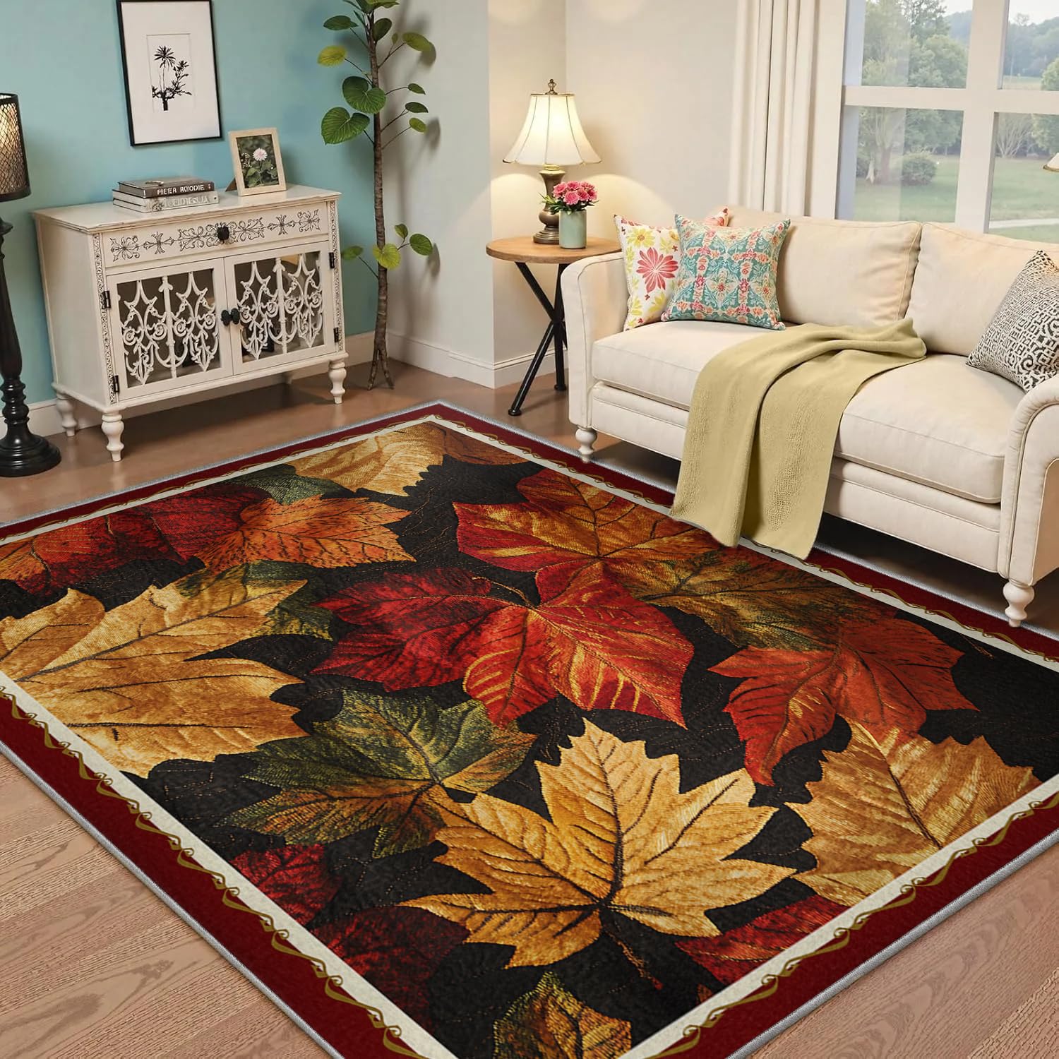 120x180cm Tapis de Salon Lavable en érable coloré Rugs bohème à Poil Bas pour Chambre Salle à Manger Bureau Feuilles d’Automne Tapis d’intérieur
