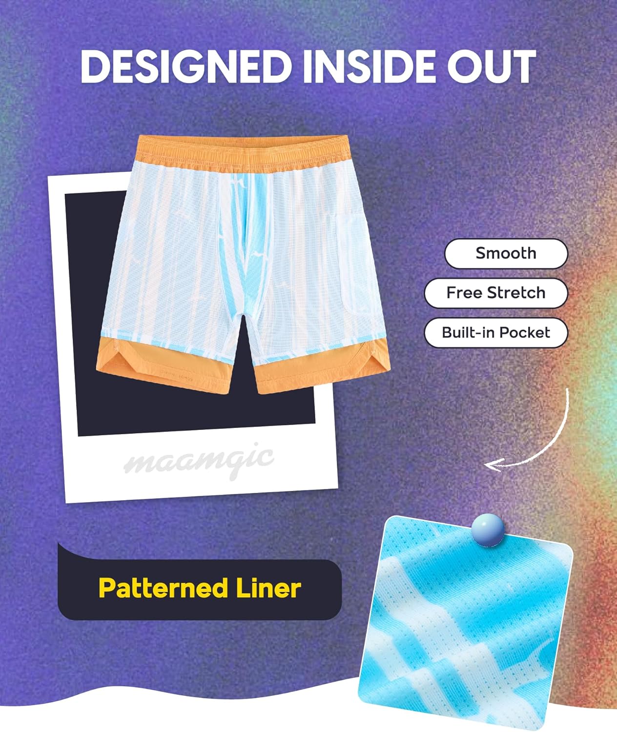 maamgic 7 Inch Metallic Sheen Packable Mens Swim Trunks - Mens Bathing Suit Quick Dry Fashion Zipper Pockets Swimwear