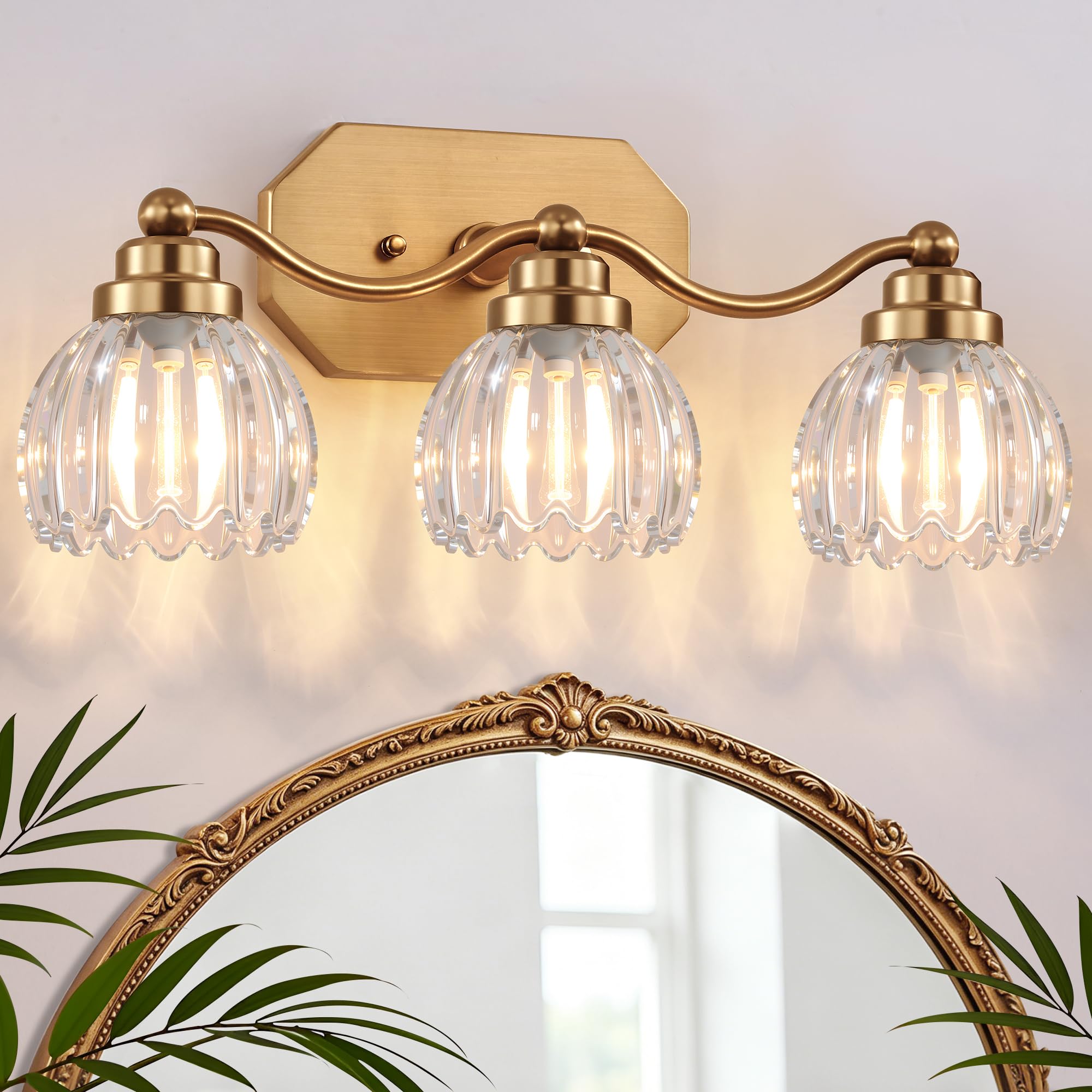 Photo 1 of **FACTORY SEALED** VbiTmn Gold Bathroom Light Fixtures, 3 Light Vintage Vanity Lights, Antique Brass Brushed Gold Finish, Crystal Transparent Glass Shade, Mid Century Wall Sconces for Bedroom, Living Room, Hallway