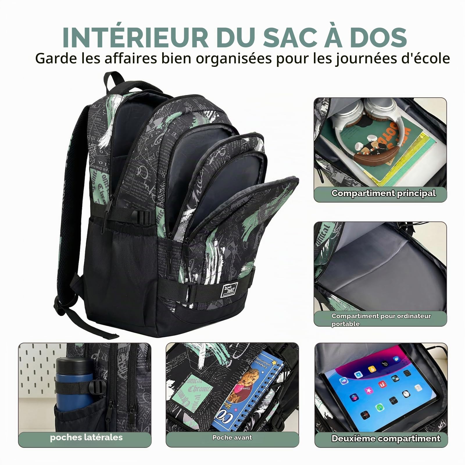 Amythe Cartable École Ados Garçons 10 à 18 ans Lycée 28 L, Noir et Vert