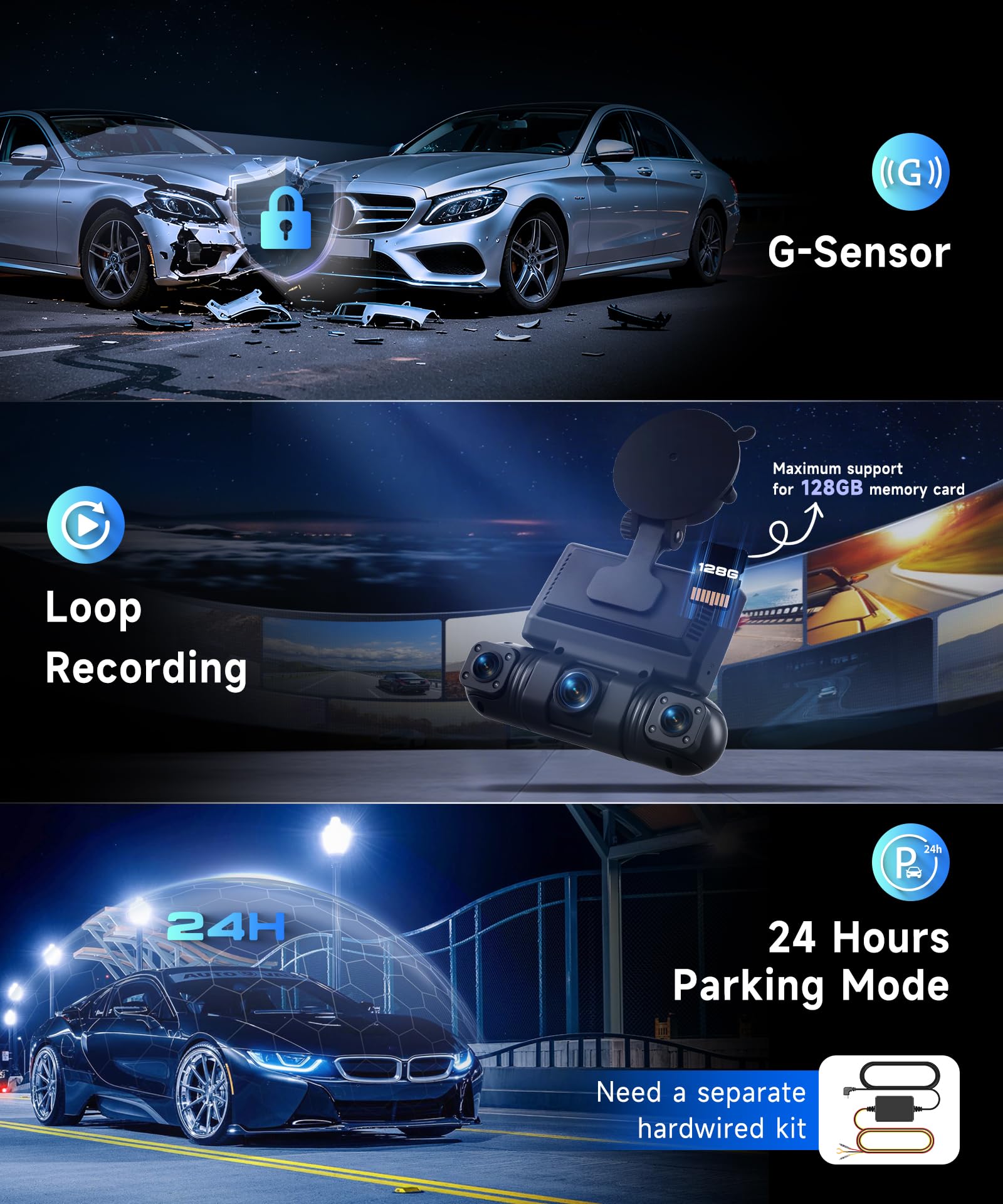 VECHTEL Dashcam Voiture 2K avec Wi-FI,4 caméras embarquées 1080P avec écran IPS 3 Pouces, Vision Nocturne, accéléromètre, Protection à 360 degrés, avec Une Carte de 128 Go,G-Capteur
