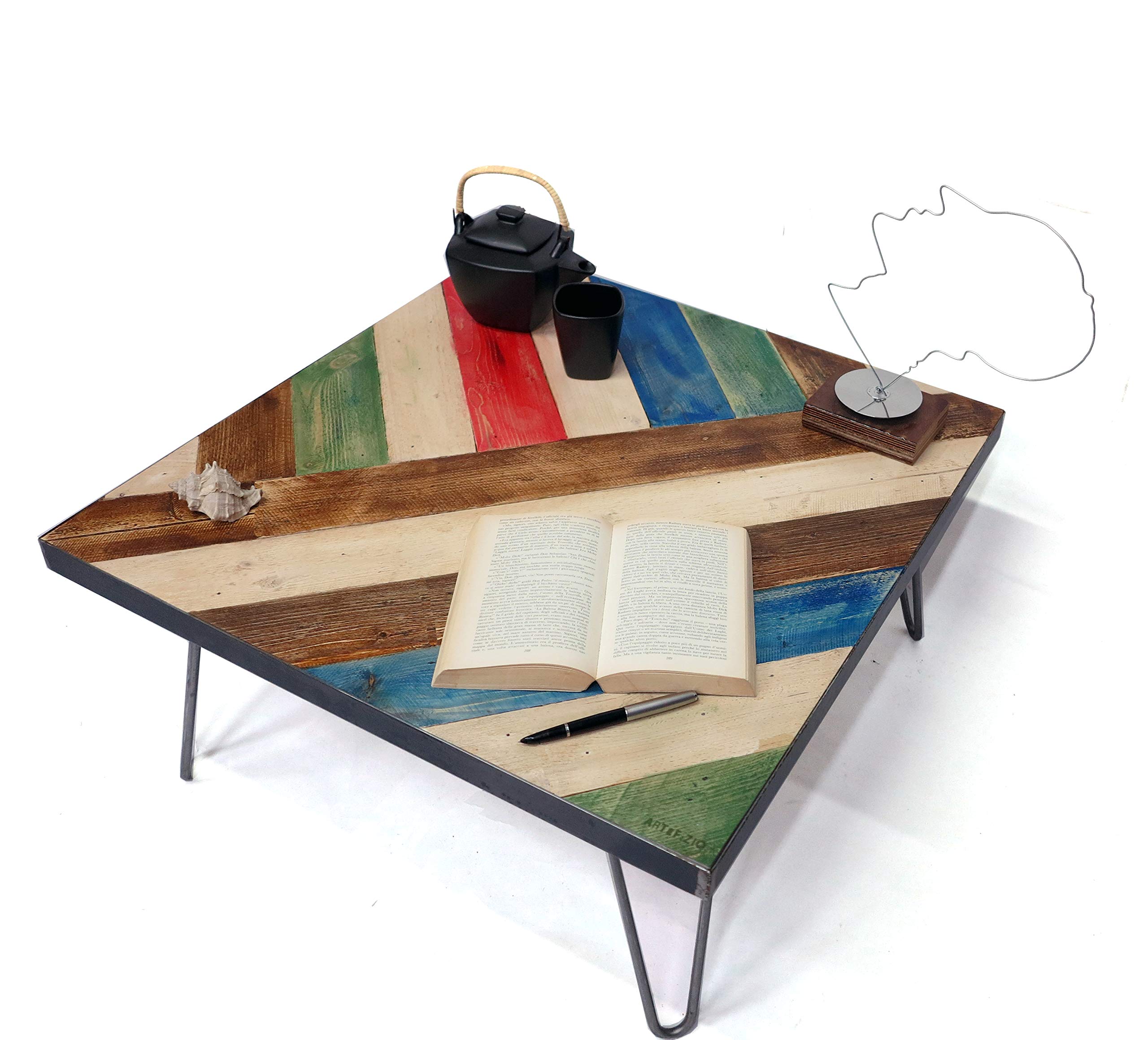 Table basse en bois de palette et acier brut style Kandinsky 80x80