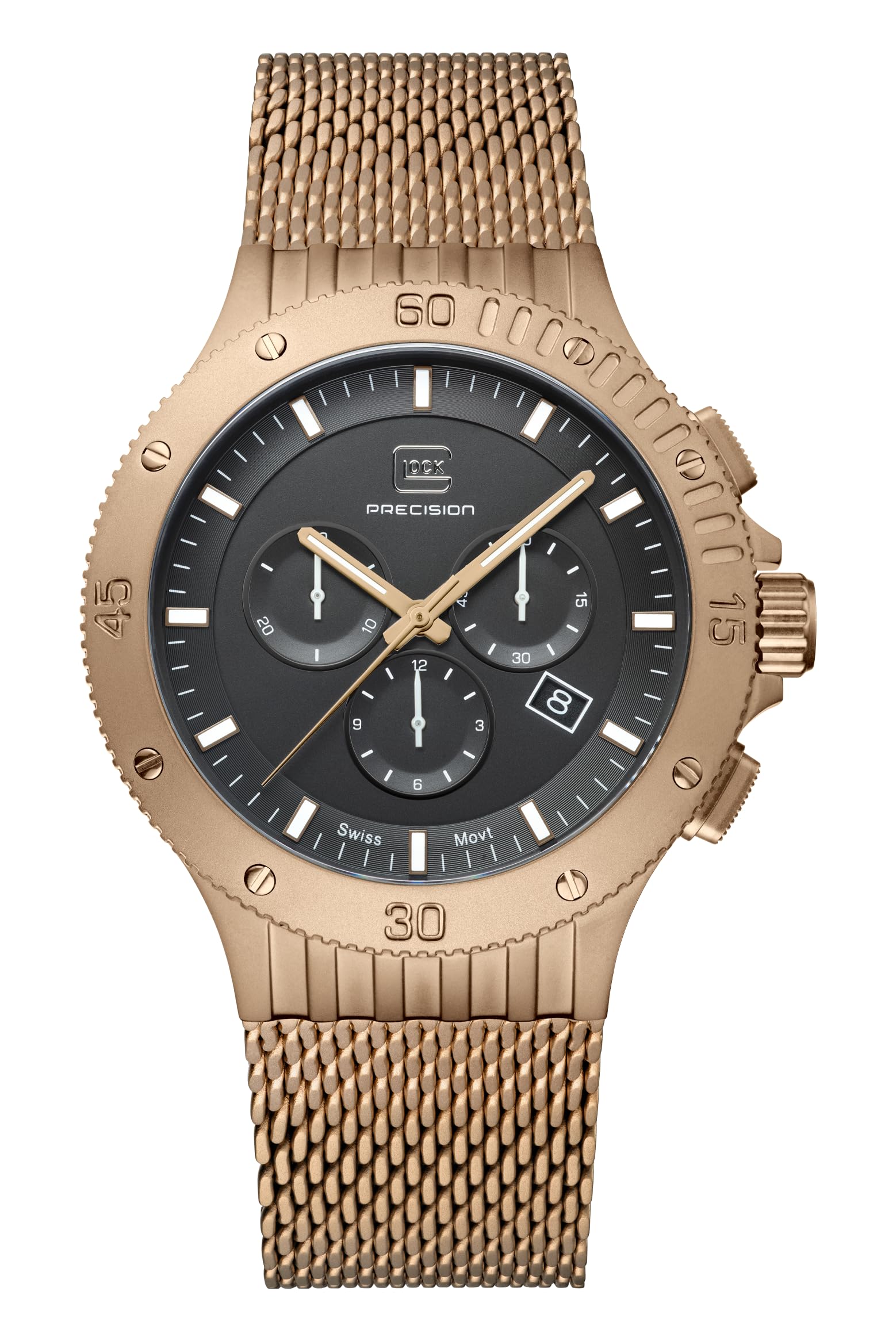 Glock Herren Quarz Uhr | 44mm Gehäuse | Schwarzes Zifferblatt | Coyote Edelstahlgehäuse & Mesh-Armband