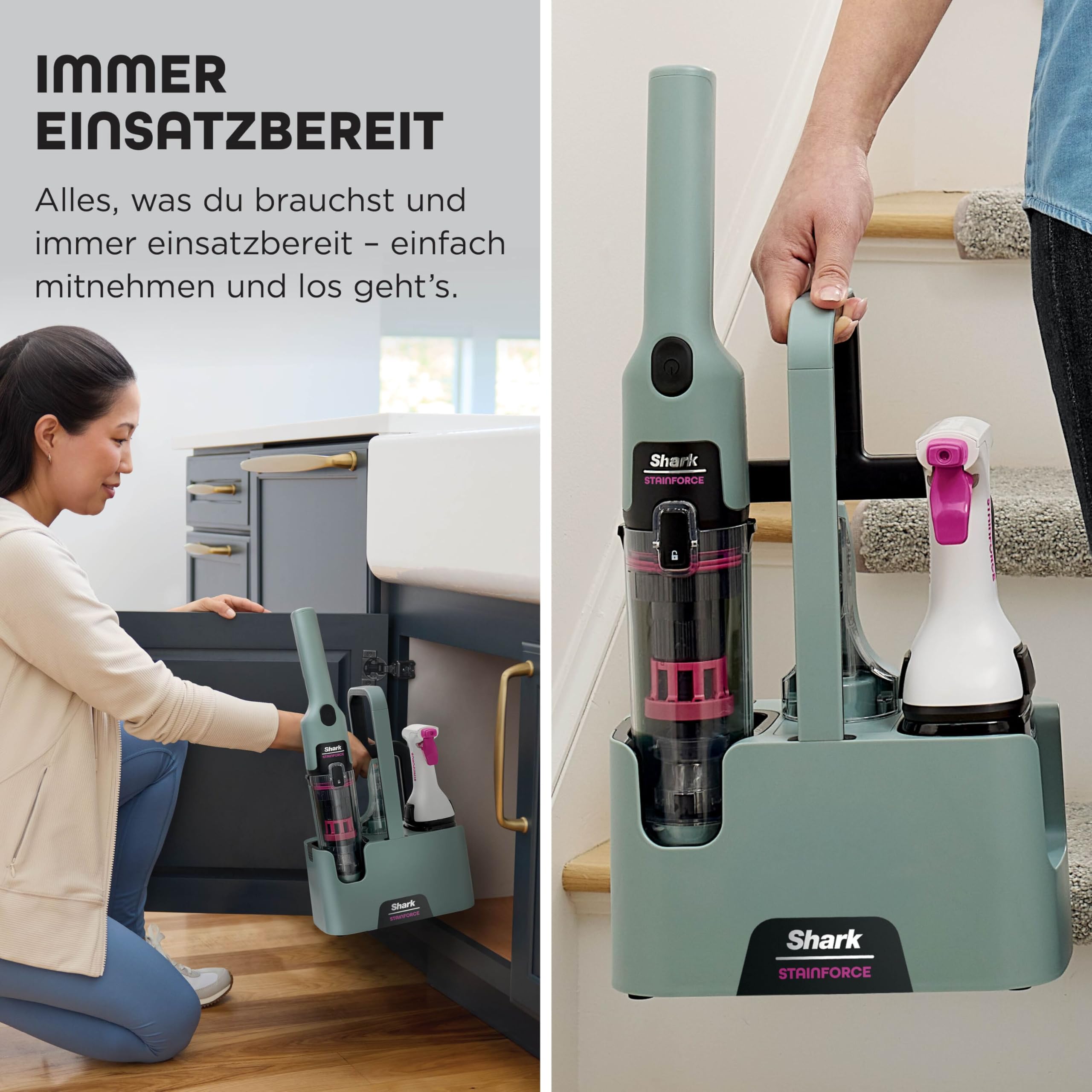 Shark StainForce kabelloser Fleckenentferner, tragbarer Flecken-, und Geruchsentferner für Teppichböden, Teppiche, Polstermöbel und mehr, mit Aufbewahrungsbox, Zubehör und 2 x Reiniger, HX100EUCP
