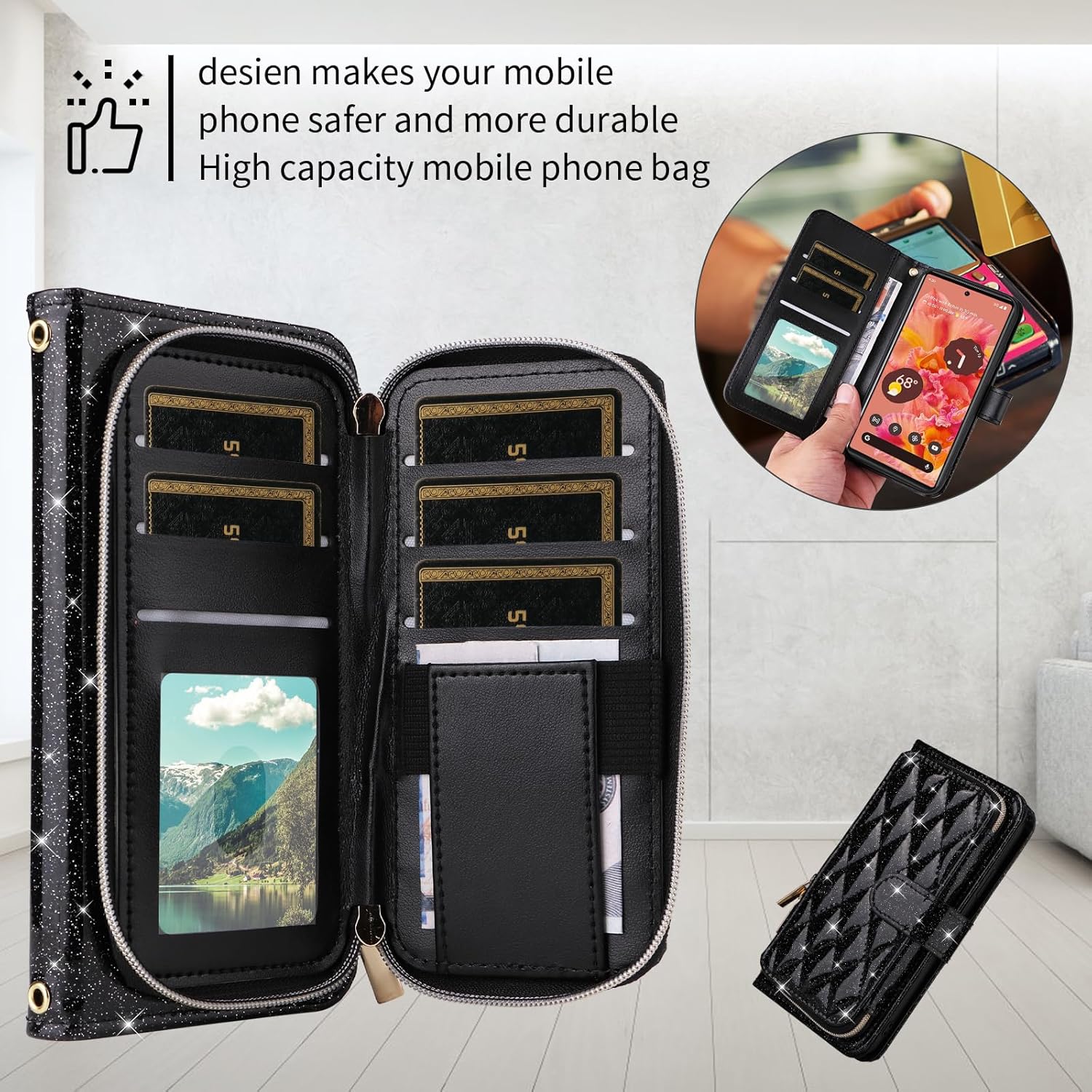 Wallet Case for Google Pixel 6 with Detachable Wrist Strap,Crossbody Shoulder Strap,9+ Card Slots,Zipper Purse Luxury PU Leather Stand Cell Phone Cover for Pixel6 Pixle Six Girls Women Black