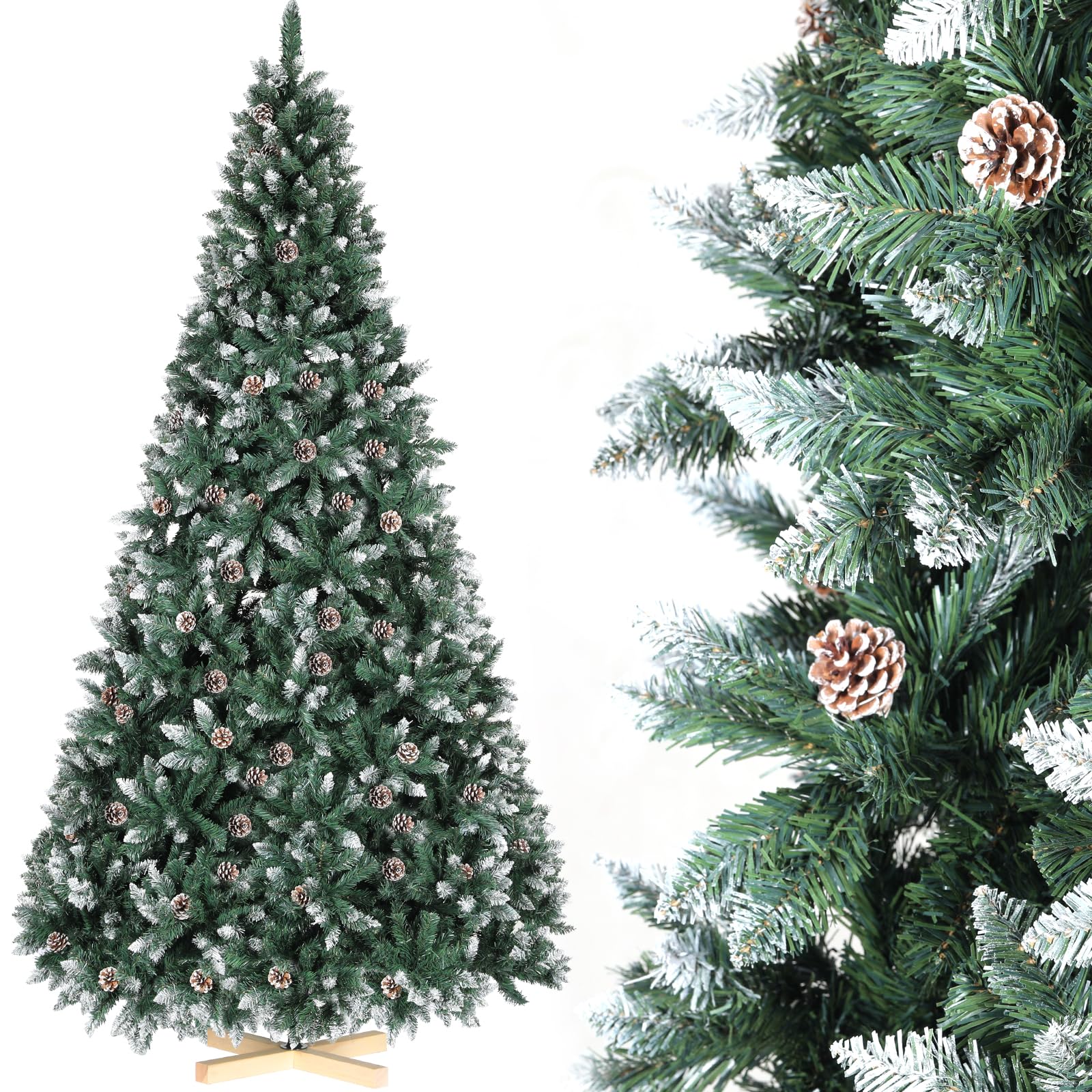 LIFERUN 180cm Árbol de Navidad Nevado, Abeto Nordmann Premium, Ramas Densas y Realistas, Arbol de Navidad Artificial con 32PCS Piñas, Soporte de Madera, 1092 Puntas de Rama, Fácil Montaje, Ignífugo