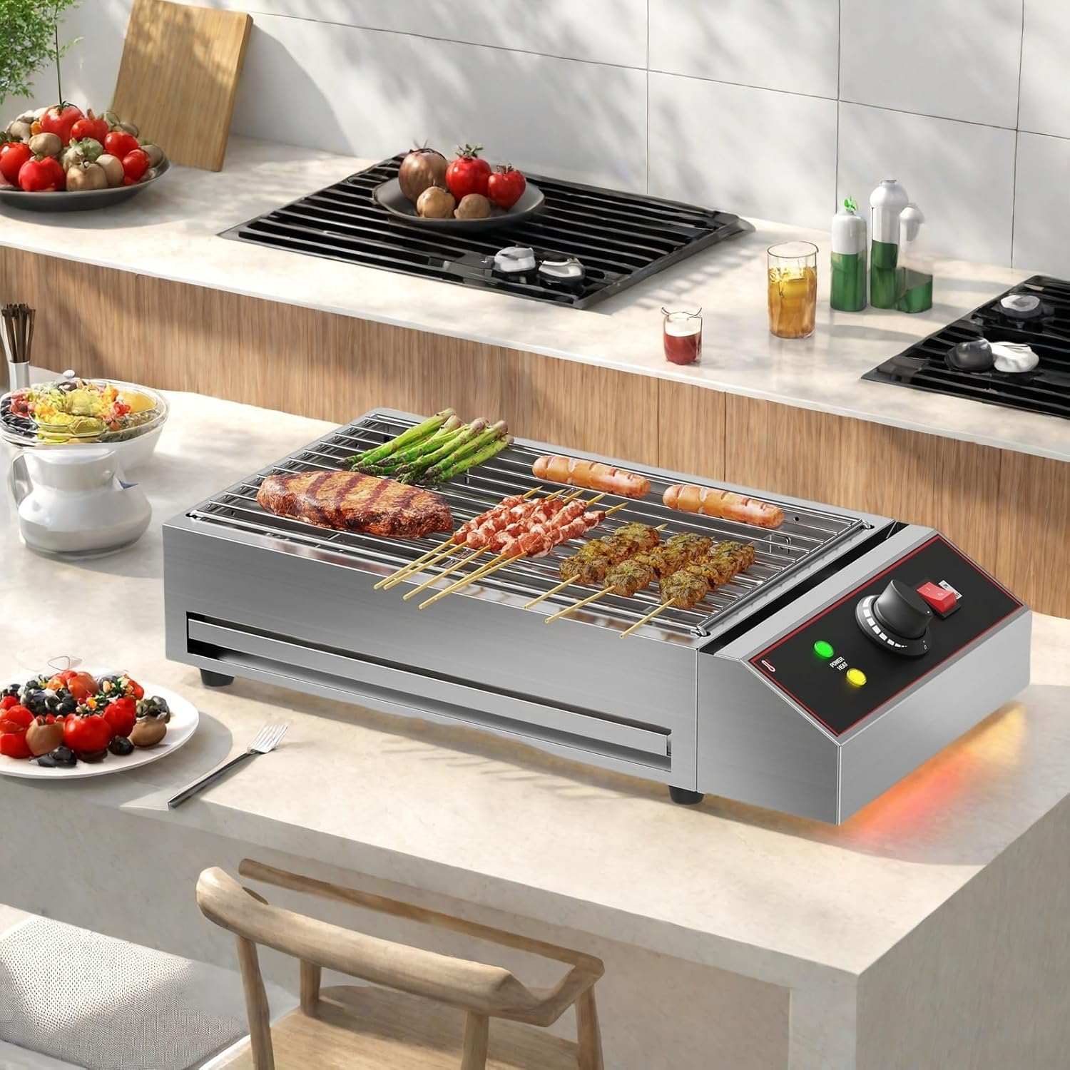 Electric Barbecue Grill, Smokeless Indoor Outdoor BBQ Grill, Portable Countertop Grill with Adjustable Temperature 122°F-572°F, Stainless Steel, 1800W, for Home Restaurant Party Camping