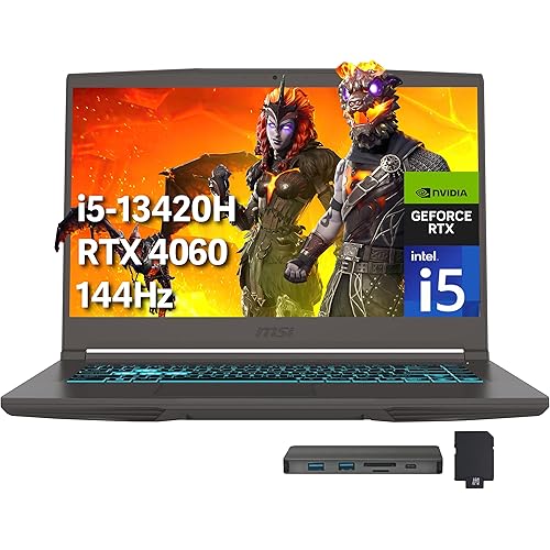 msi Thin 15 15.6" FHD 144Hz Gaming Laptop, Intel i5-13420H, 64GB RAM, 4TB PCIe SSD, NVIDIA GeForce RTX 4060, Backlit Keyboard, Webcam, Win 11 Pro, Gray, 256GB Docking Station Set