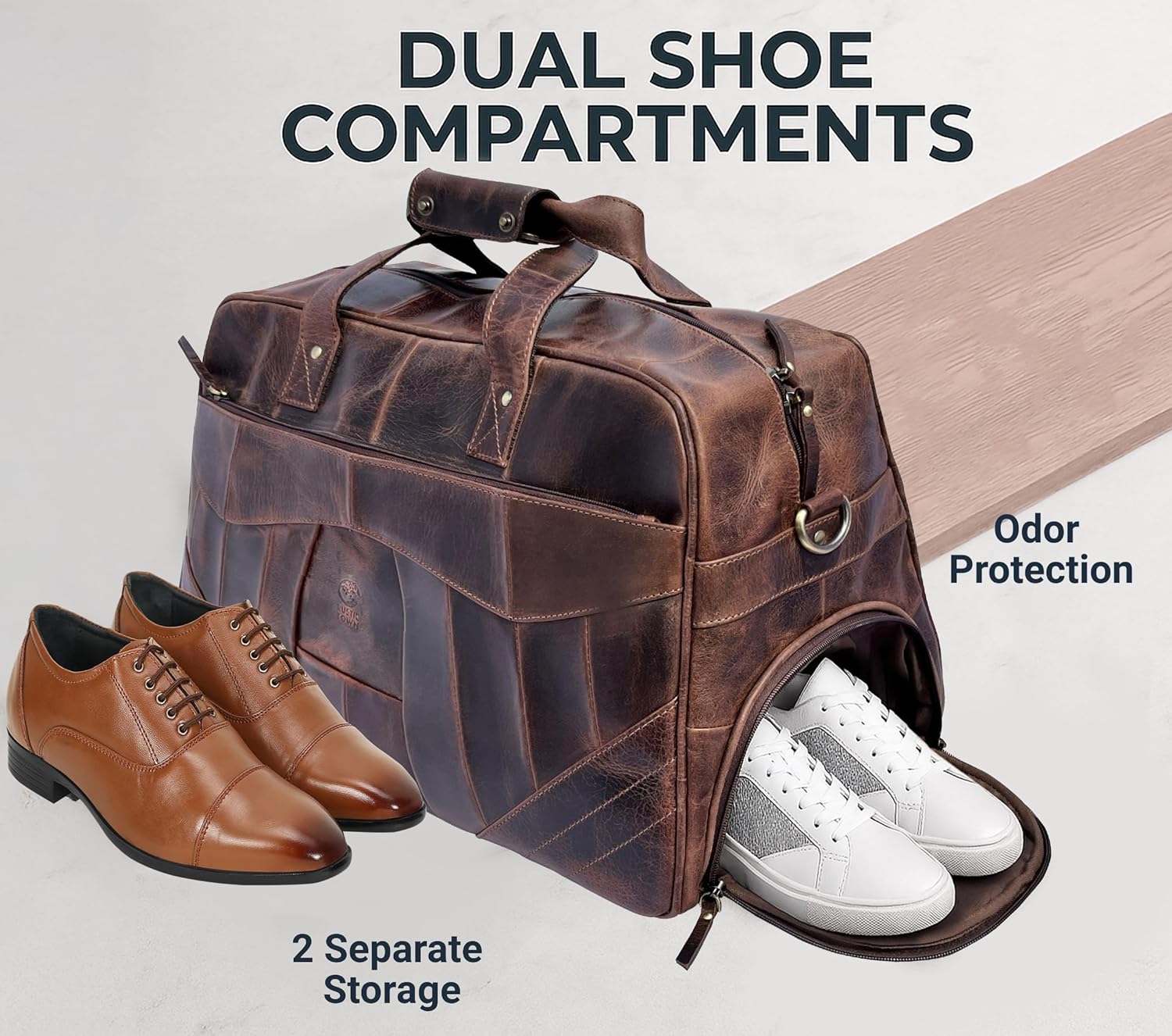 Leather Duffle Bag for Men - Travel Overnight Weekender Bag with 2 Shoe Compartment - Airplane Underseat Carry On Duffel Bag - Image 2