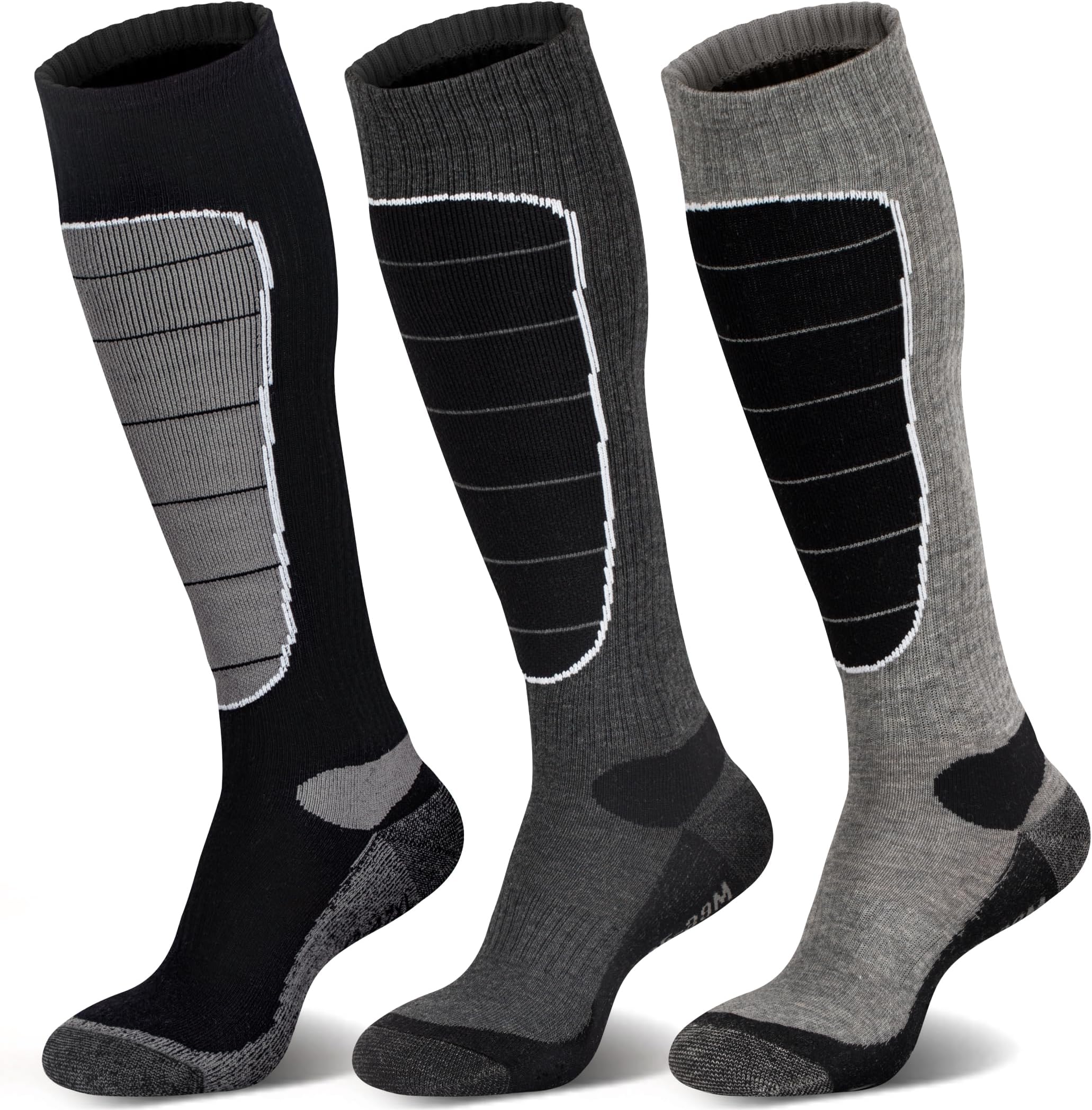 Merino Wool Ski Socks, Cold Weather Socks for Snowboarding, Snow, Winter, Thermal Knee-high Warm Socks, Hunting, Outdoor Sports (3 Pairs (Black Grey Grey), Large)