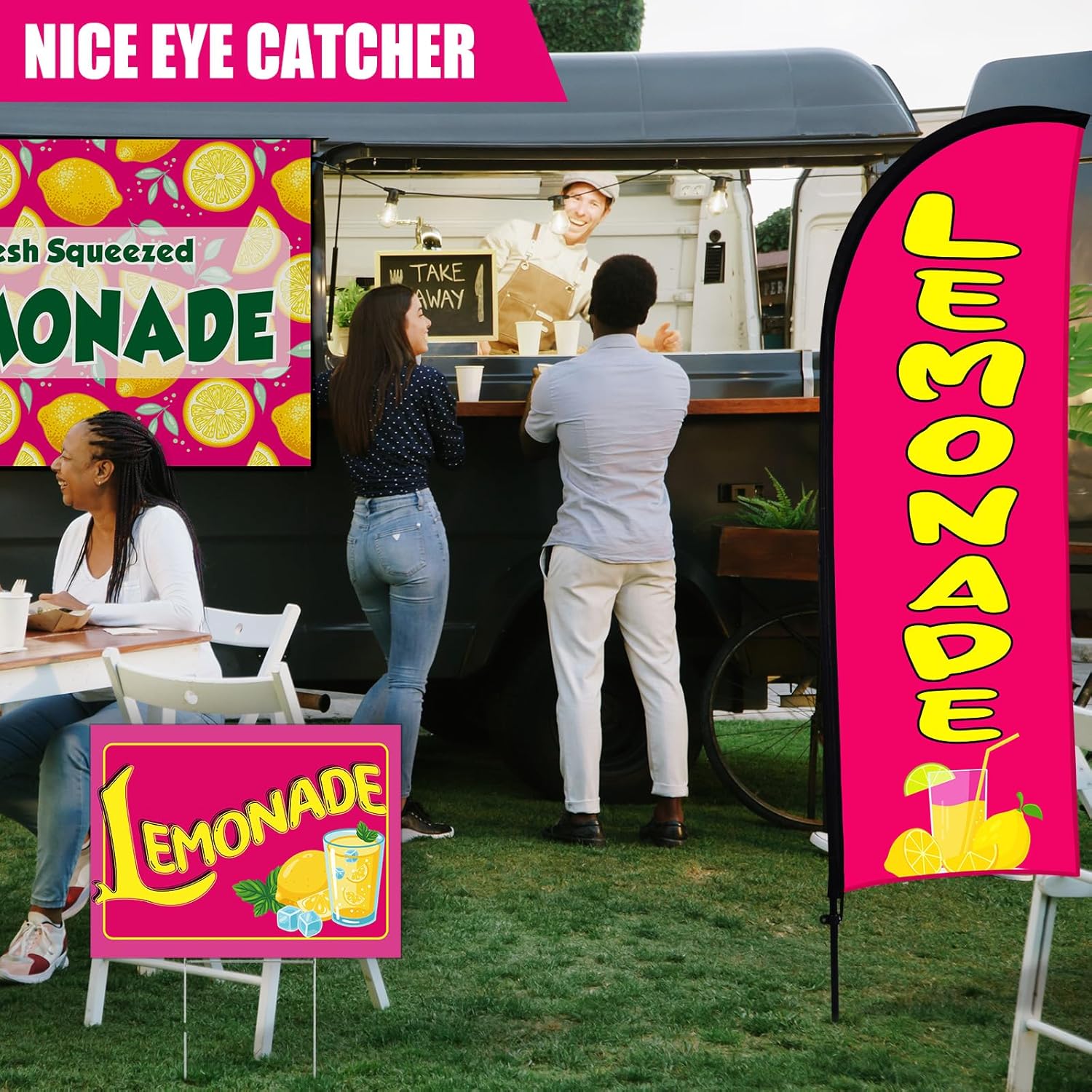 Buryeah 4 Sets Lemonade Sign Sets 1 Pack Lemonade Feather Flag Banner 3 Pack Double Sided Directional Arrows Flag with Metal Stakes for Business Advertising Outside Ground Part(Rose Pink)