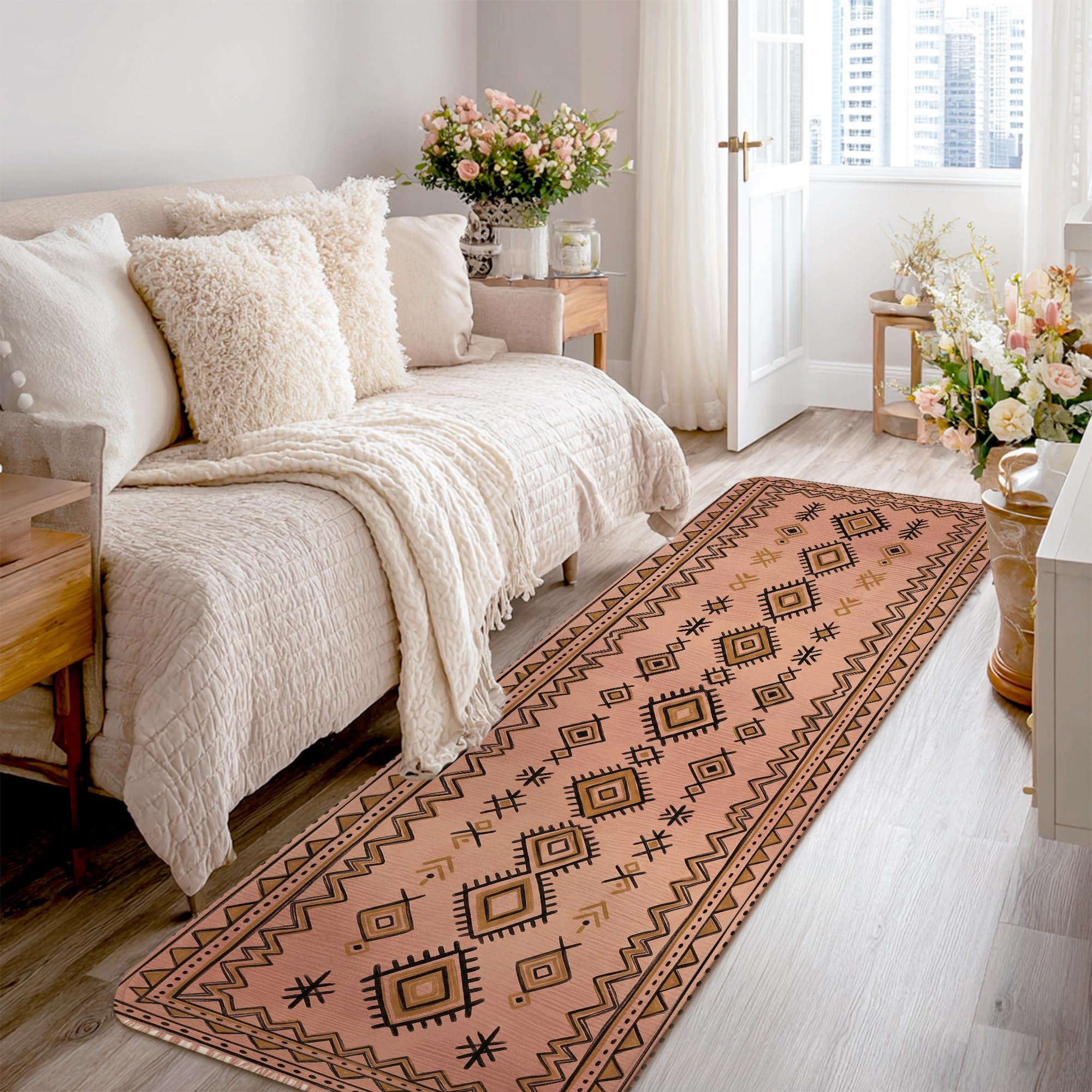 Tapis de couloir anti-salissure beige à poils courts pour entrée et cuisine