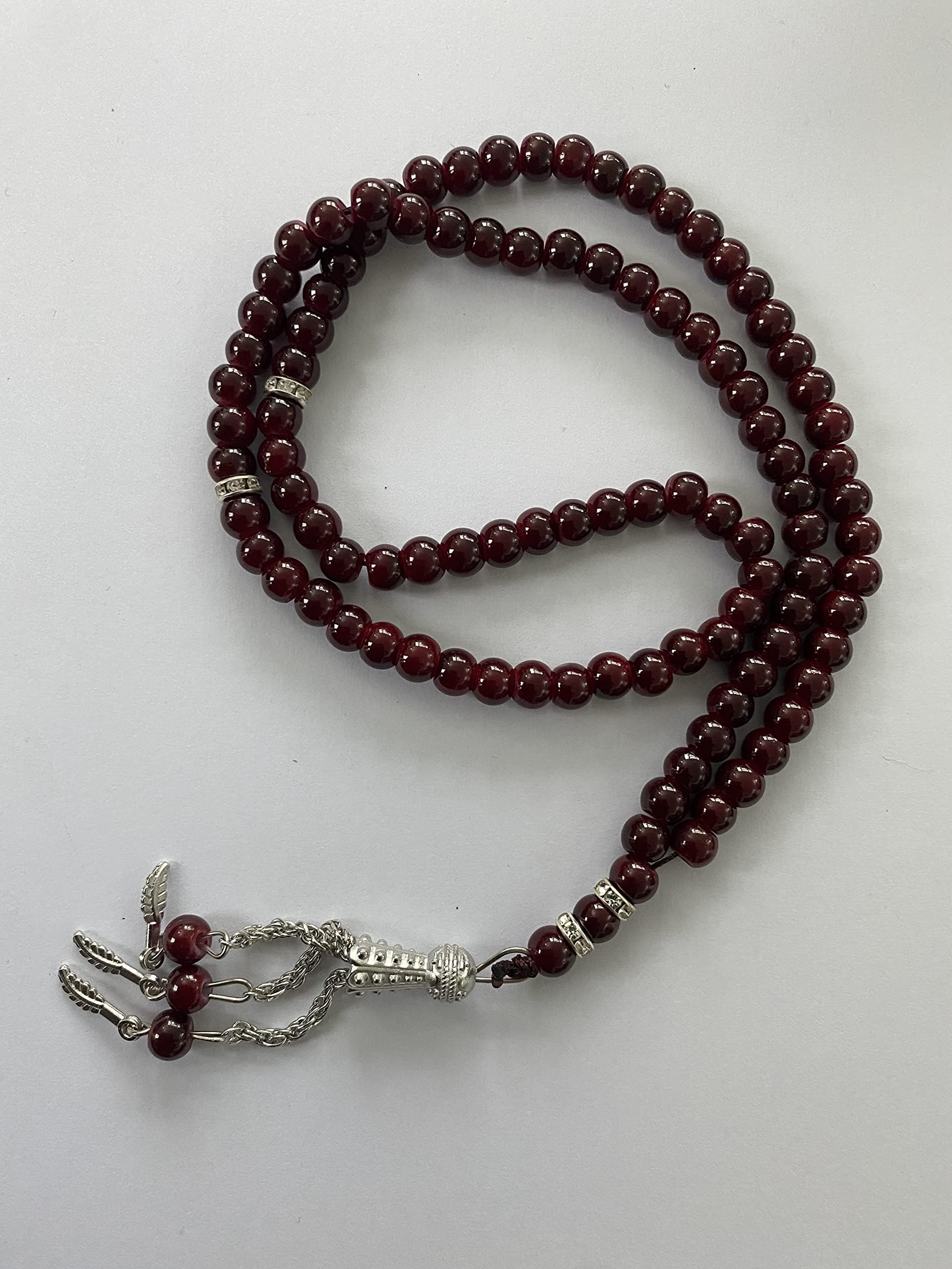 Glass 99 Prayer Misbah Rosary Islamic Beads Counter Spiritual Round Beads (Maroon)