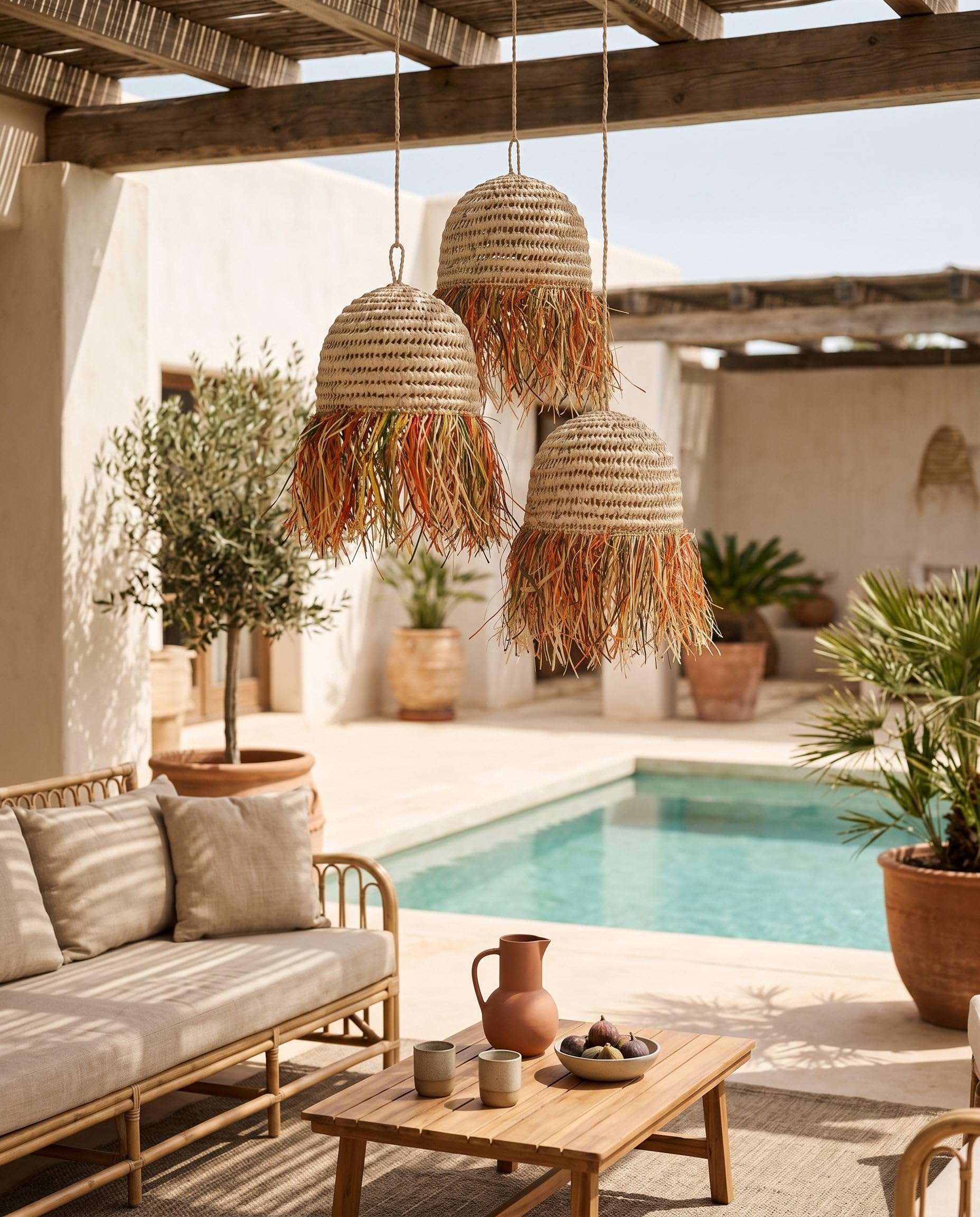 Suspension en Osier Tressé Main - Cloche à Franges Raphia - 40 cm