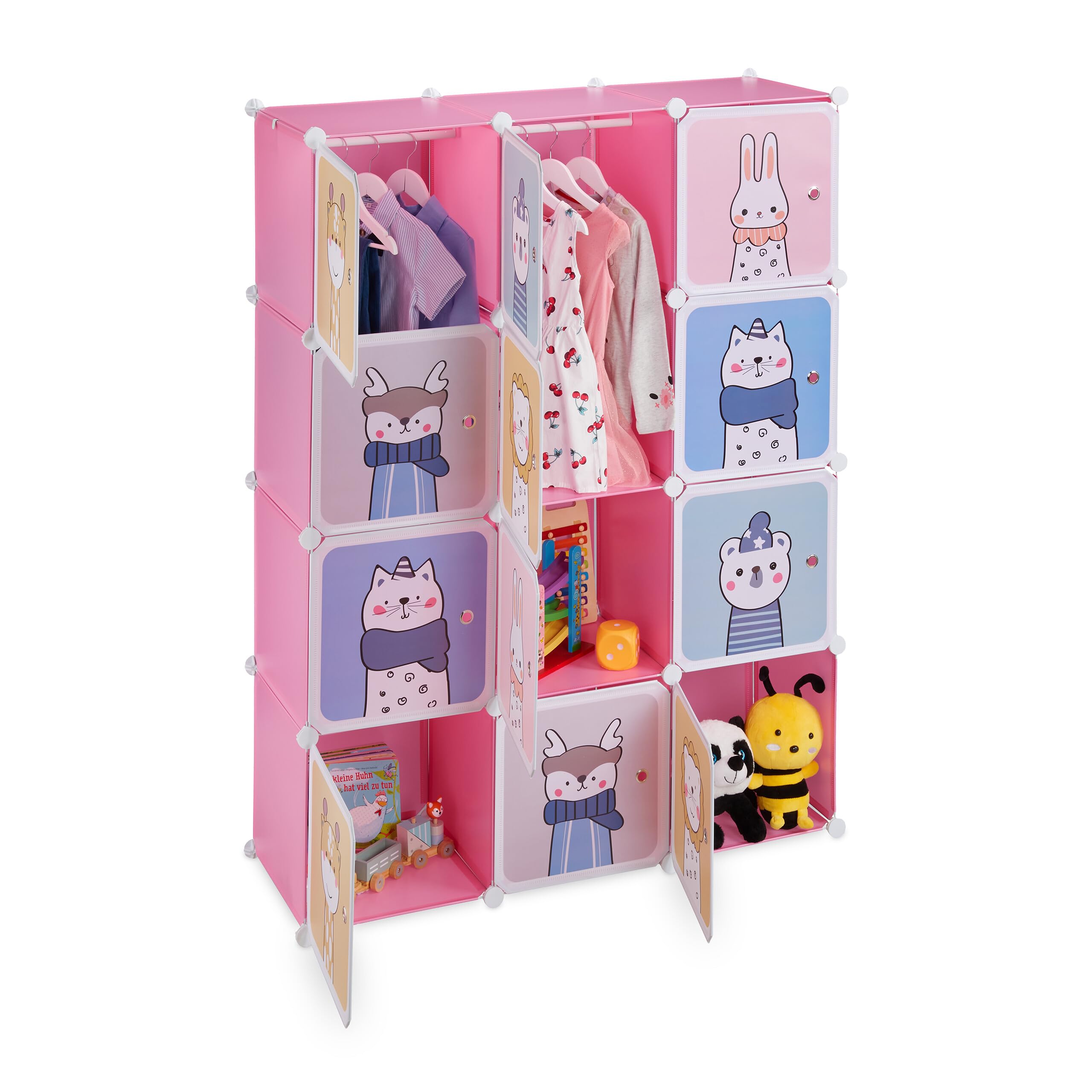 Relaxdays Scaffale Componibile da Cameretta, 2 Aste Appendiabiti, Disegni Animali, HLP: 145x110x37 cm, Incastro, Rosa