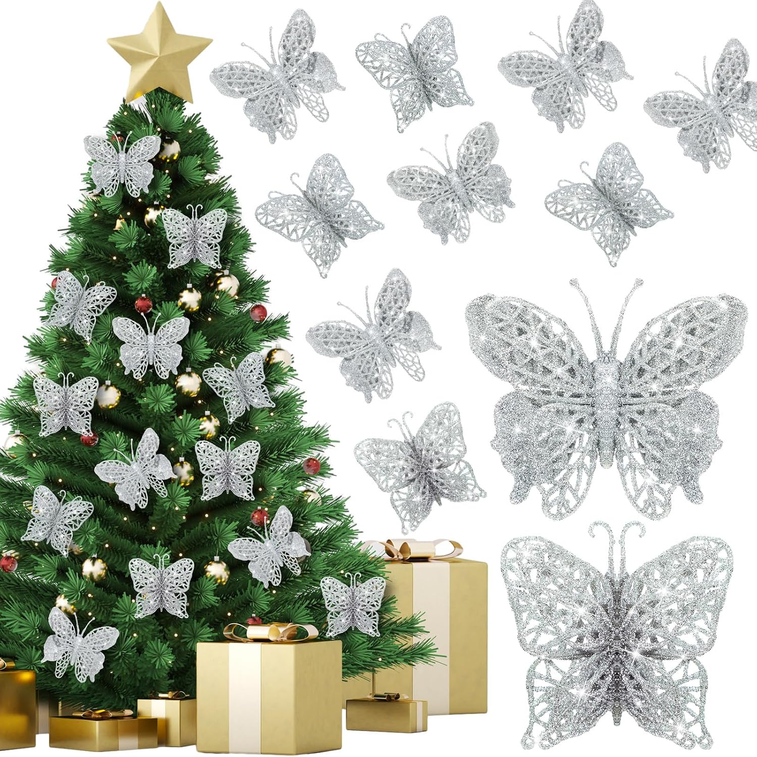 Liliful 32 Pcs Christmas Glitter Butterfly Ornament, 2 Sizes, Silver