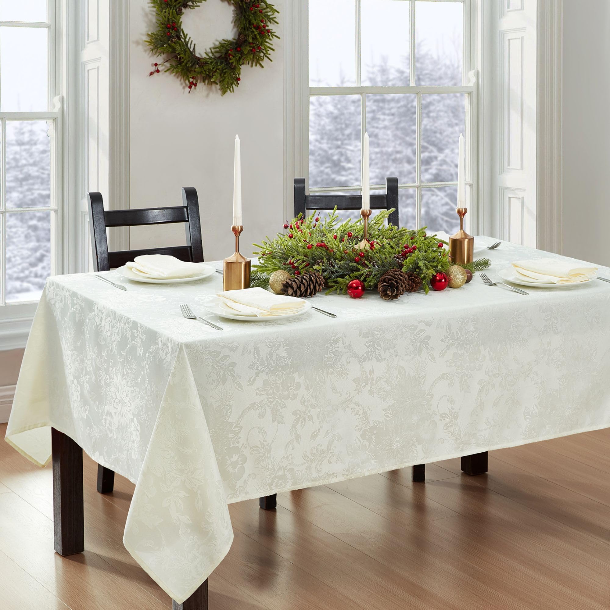 Elrene Home Fashions Poinsettia Elegance Jacquard Holiday Fabric Tablecloth, 60" x 84" Oblong/Rectangle, Ivory - Image 2