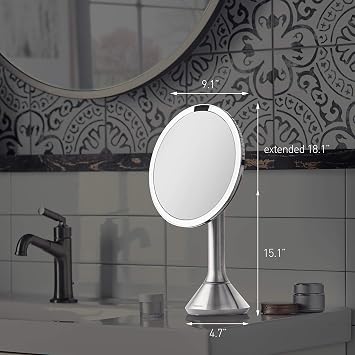 simplehuman 8 Round Sensor Makeup Mirror with Touch-Control Brightness, 5X Magnification, Rechargeable and Cordless, White Stainless Steel