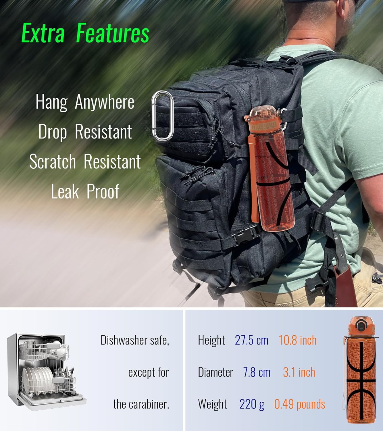 32oz/1L Sport Water Bottle, Light Tritan, Quick-Open Chug Lid/Straw 2-in-1, Leak-Proof, Dishwasher-Safe, BPA-Free, Drop-Resist & Scratch-Resist for Travel/Gym/Office/Fan Gift (Basketball) - Image 8