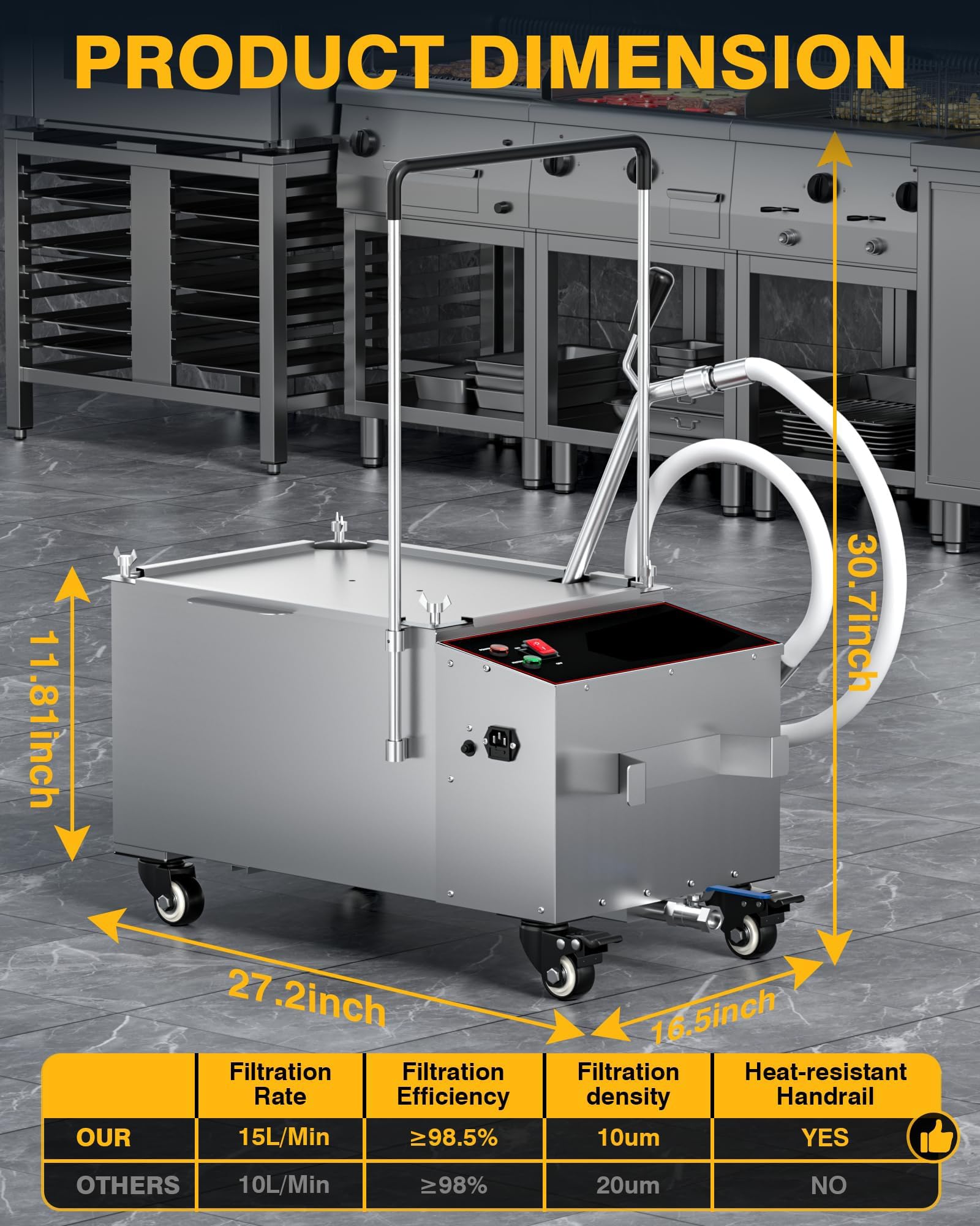 Macchina per filtro olio per friggitrice commerciale da 38 l/10 galloni, portata 15 l/min, sistema di filtraggio per friggitrice elettrica mobile in acciaio inossidabile 1700 giri/min,