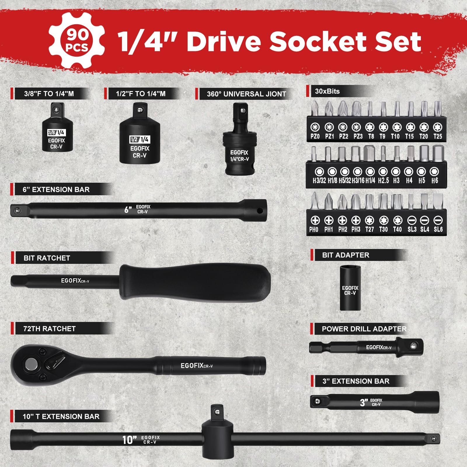 Jeu de 90 douilles à choc 1/4", douille métrique (4-15 mm) et taille standard SAE (5/32-9/16"), avec cliquet à 72 dents, ensemble d'embouts de tournevis, kit d'outils de mécanique pour usage