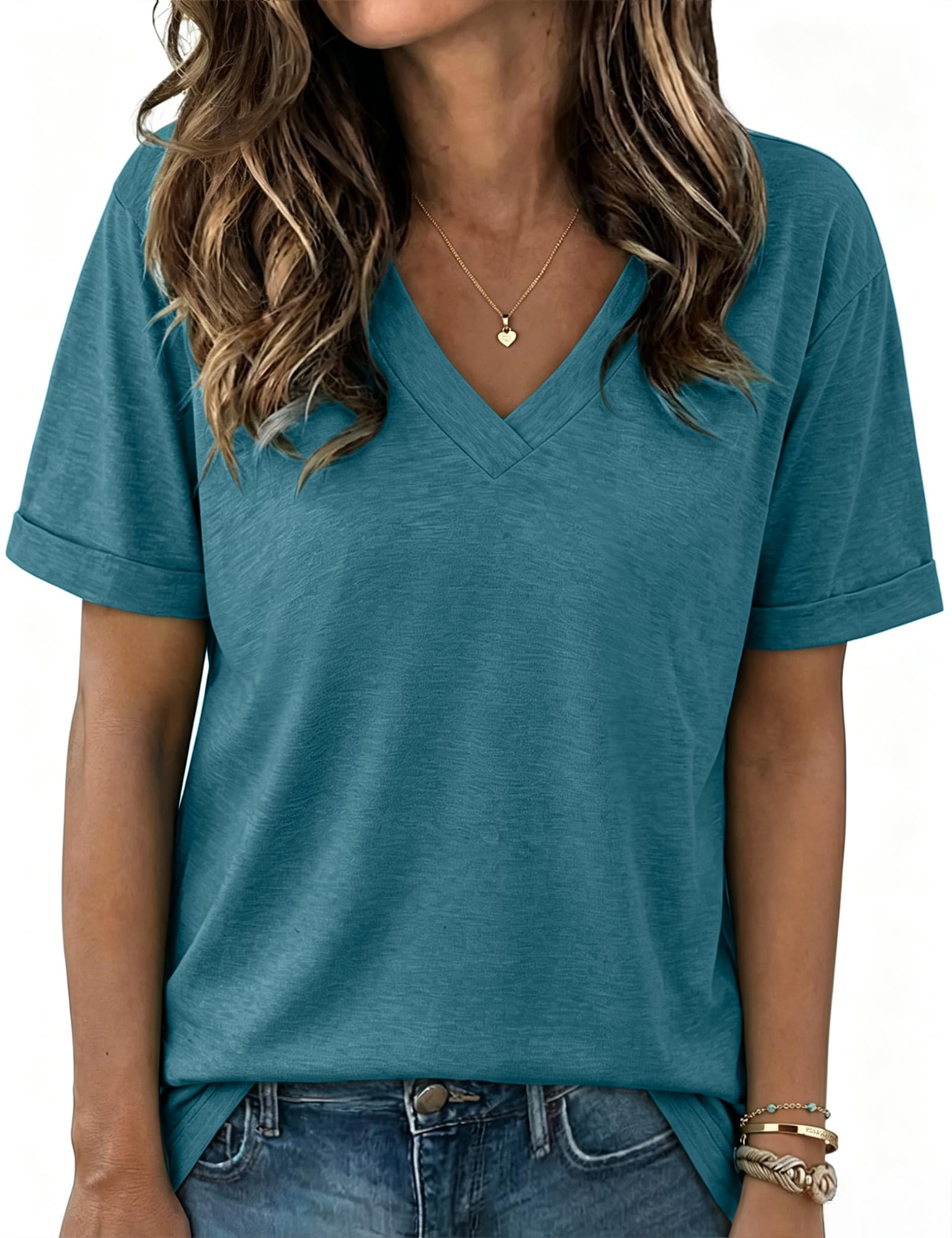 Aottori T-Shirt Damen V-Ausschnitt Kurzarm Locker Sommer Basic | Einfarbige Oberfläche; V-Ausschnitt mit kurzen Ärmeln als klares Designdetail; lockere Passform; für Sommer und warme Tage