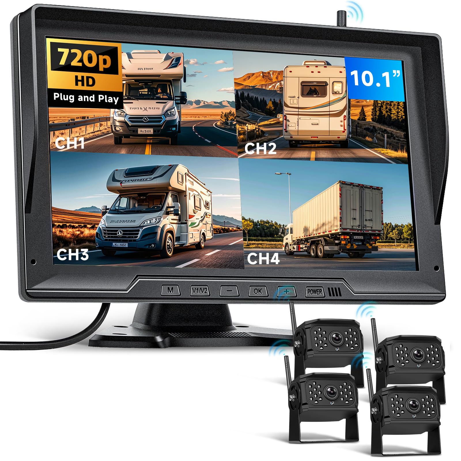 Podofo Cámara Trasera inalámbrica Digital 4 con Monitor de 10.1", HD 720P, IP68, visión Nocturna Impermeable, Sistema de 4 cámaras de Respaldo divididas para camión, Remolque y Caravana