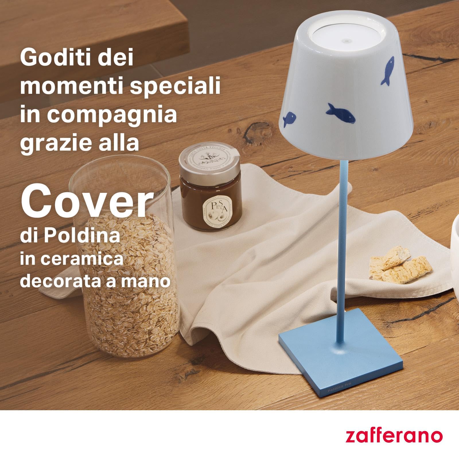 Zafferano, Poldina Cover, Cover in Ceramica Decorata a Mano per Lampada da Tavolo, Paralume Compatibile con le Lampade Poldina, Made in Italy, Ø13 x 10 cm, Color Bianco - Pesci Azzurri