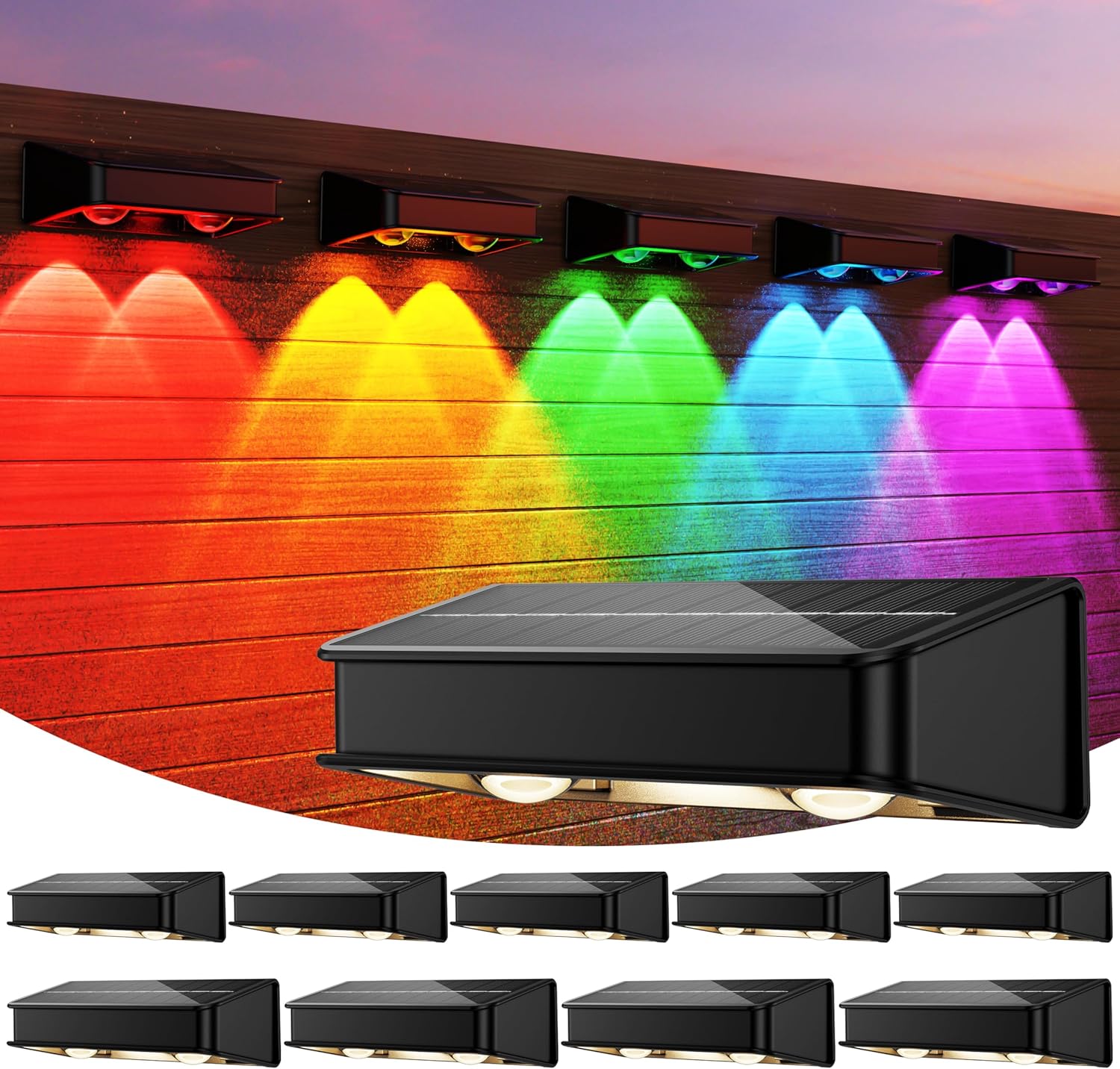 10 Pack Solar Fence Lights - 3 Modes, 9 Colors Outdoor Solar Lights, Waterproof IP 65, 35lm for Step, Stair, Deck, Wall, Patio, Walkway, Porch
