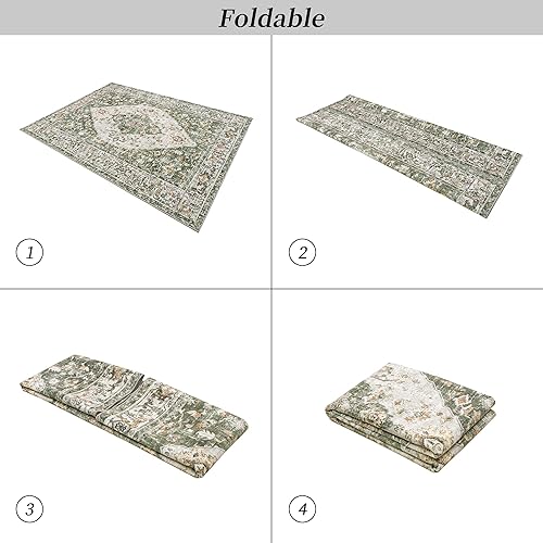Miniatura 7 de Valenrug Alfombra lavable de 3 x 5 pies, colección verde, alfombra antideslizante y resistente a las manchas para sala de estar, dormitorio antiguo