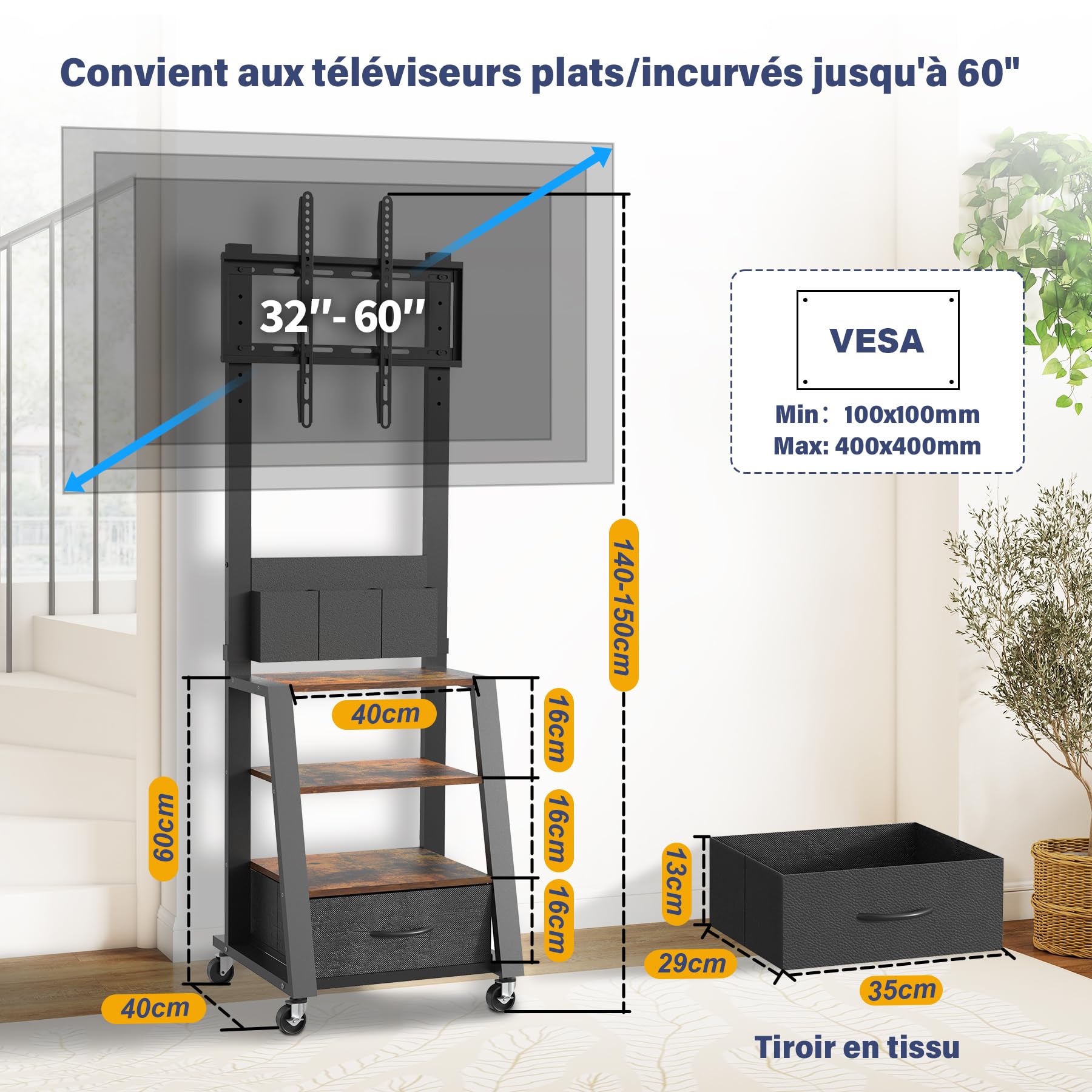 Support TV à roulettes avec tiroir et 3 Niveaux, Plats/incurvés de 23"-60" LCD/LED/OLED. Hauteur réglable Chariot TV Mobile avec roulettes pour Maison, Bureau et l'extérieur. VESA Max 400 x 400 mm