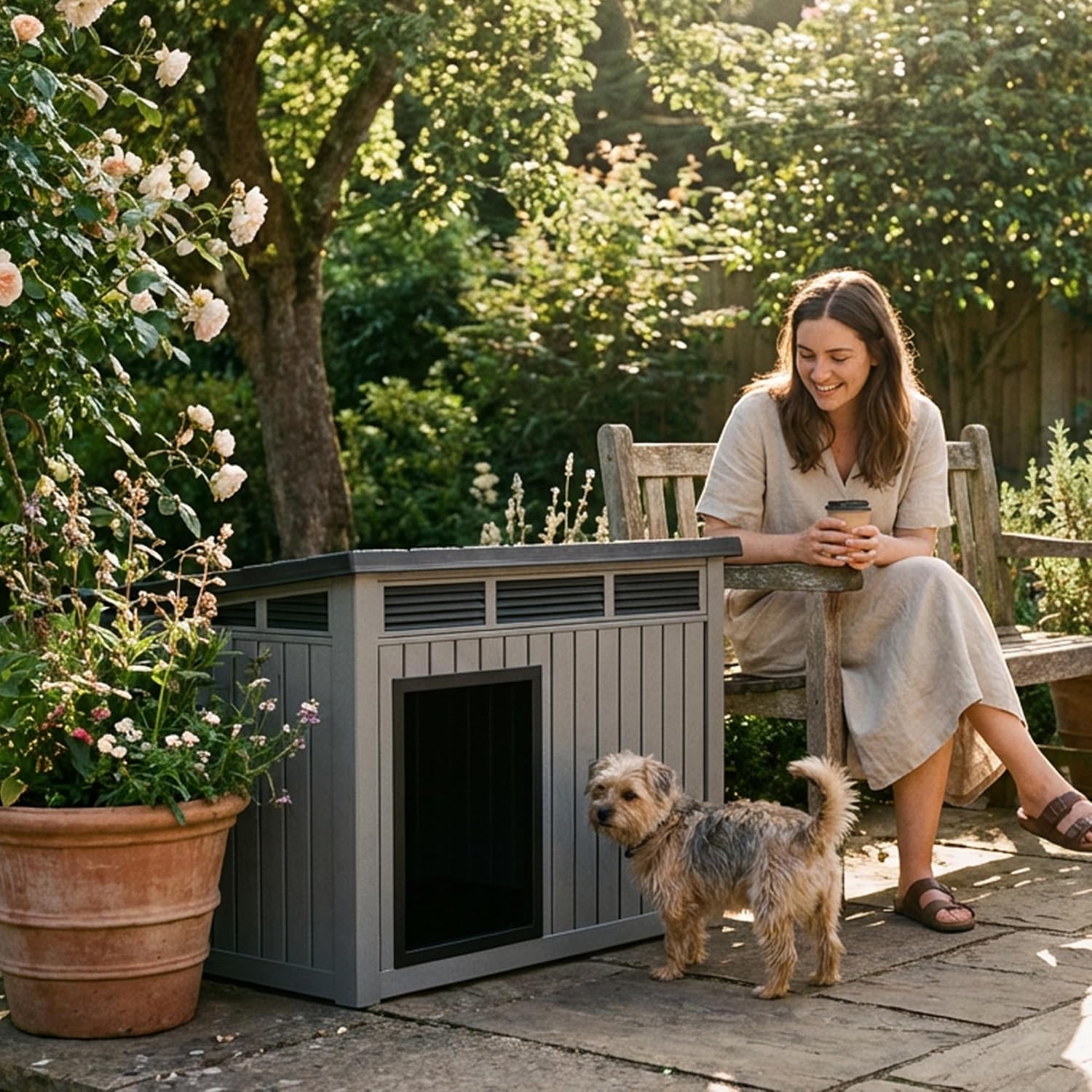 EasyUp Outdoor Dog House, Waterproof & UV Resistant Resin Dog Houses Shelter with Venetian Blinds and Open-Front Design, Large Dog House for Backyard, Patio(Grey,32.2 * 25.12 * 24.13inch)
