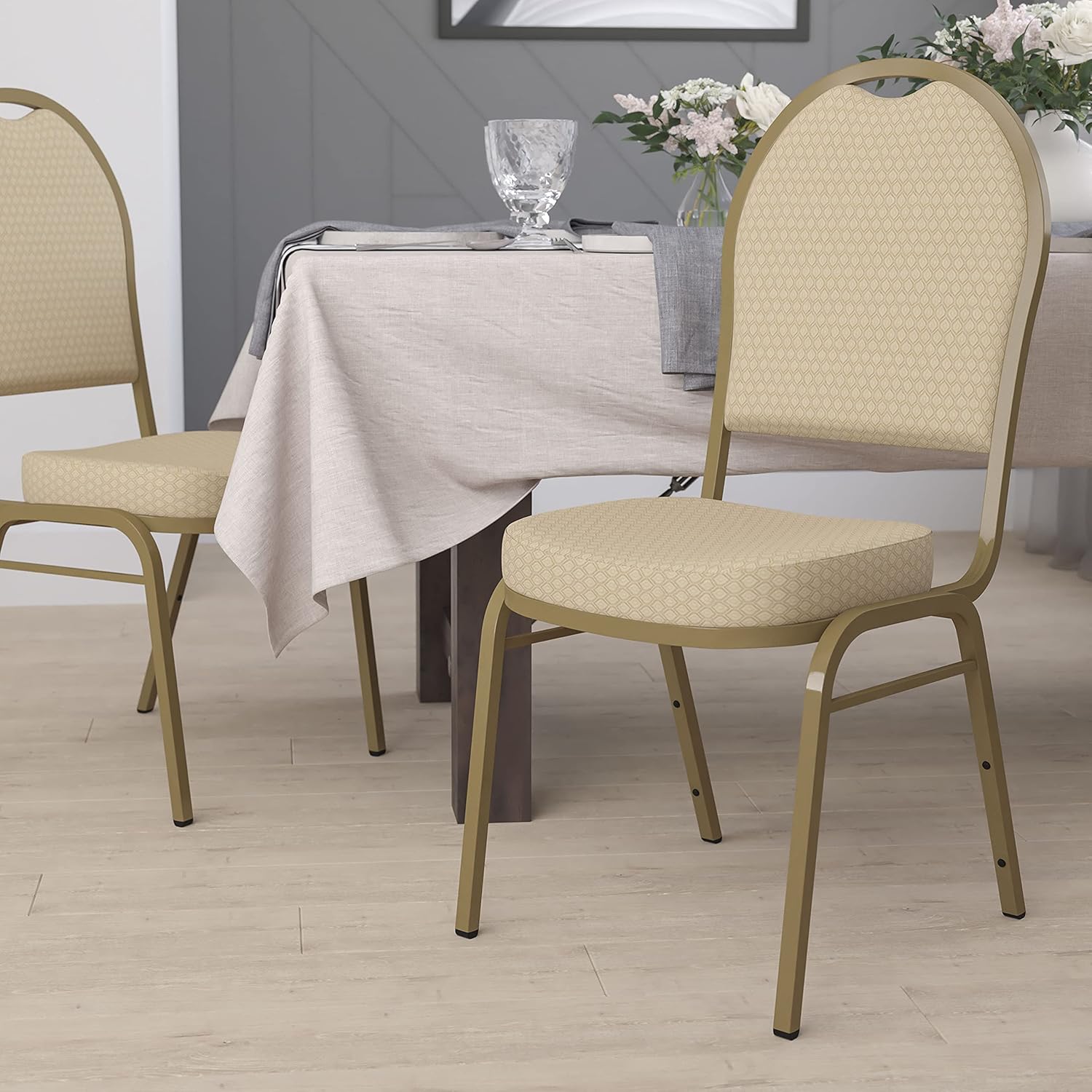 EMMA + OLIVER Dome Back Banquet Chair, Beige Patterned Fabric/Gold Frame