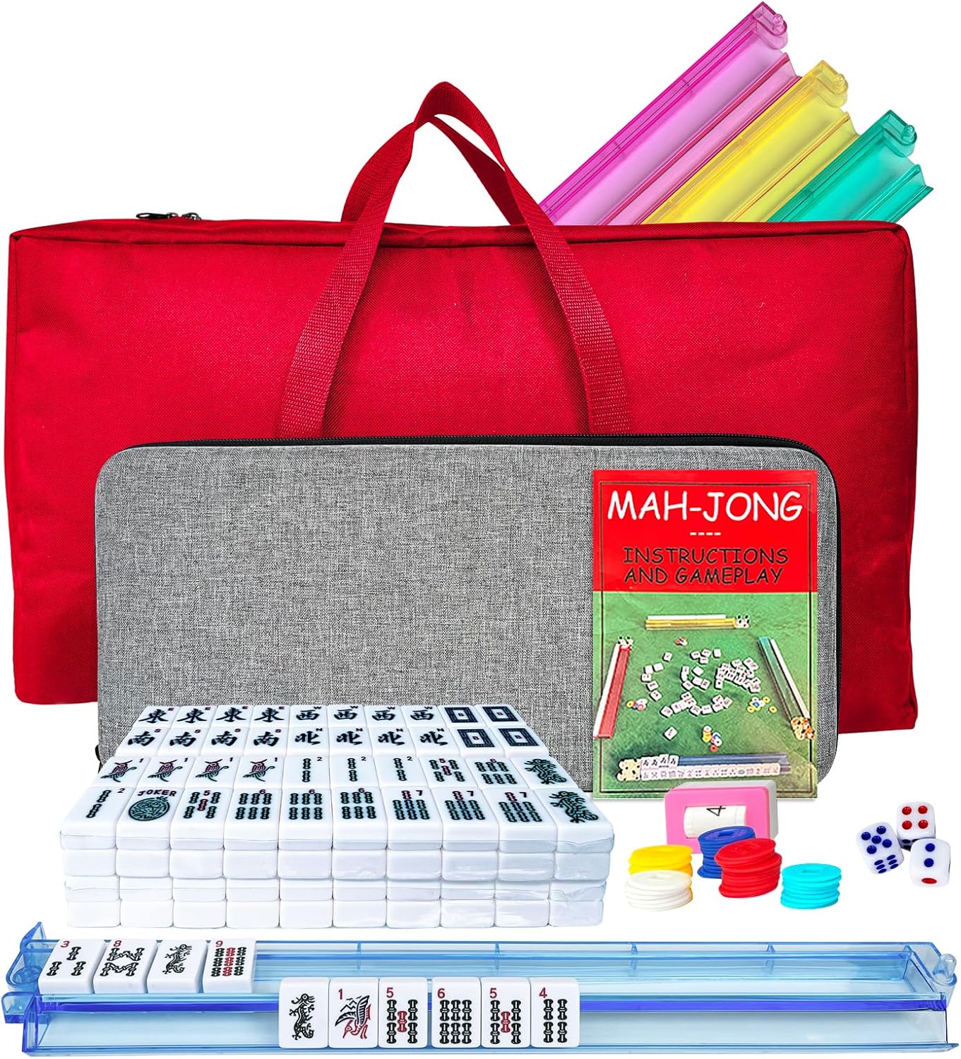 Mahjong Tile Set: American Mahjong Set Complete with 166 White Tiles & 4 All-in-One Mahjong Racks/Pushers | Portable Travel Mahjong Game | Includes Both Red and Gray Carrying Bags