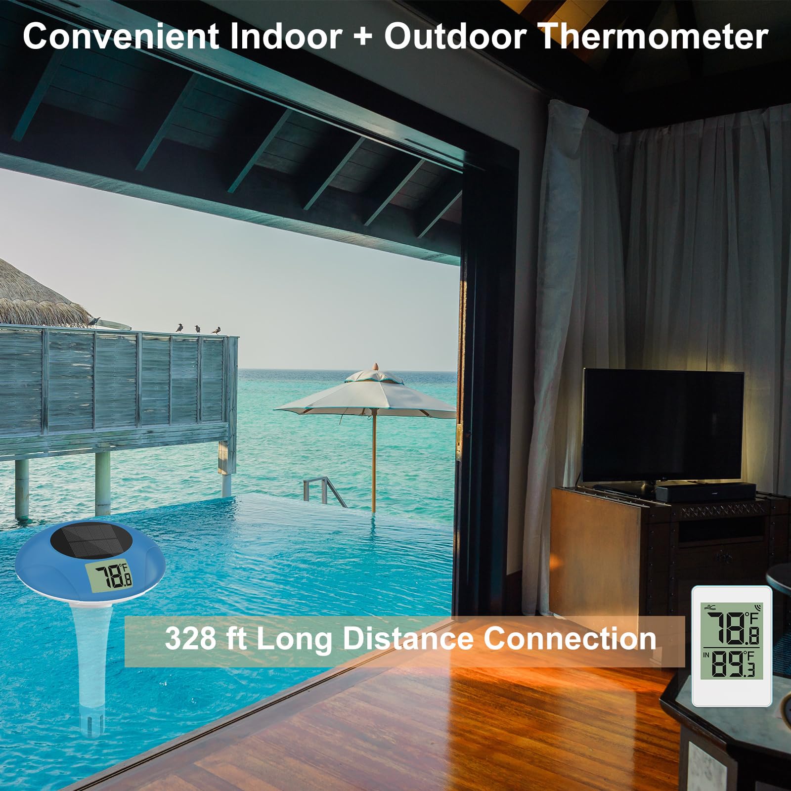 Termómetro inalámbrico para piscina, termómetro flotante digital, fácil de leer, IPX8, impermeable, medidor de temperatura solar para piscina, acuario, estanque, conexión de 328 pies de largo