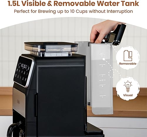 Miniatura 7 de Gevi Cafetera para moler y preparar 10 tazas con molinillo de rebabas integrado, pantalla táctil programable, mantiene el calor de 4 horas, filtro