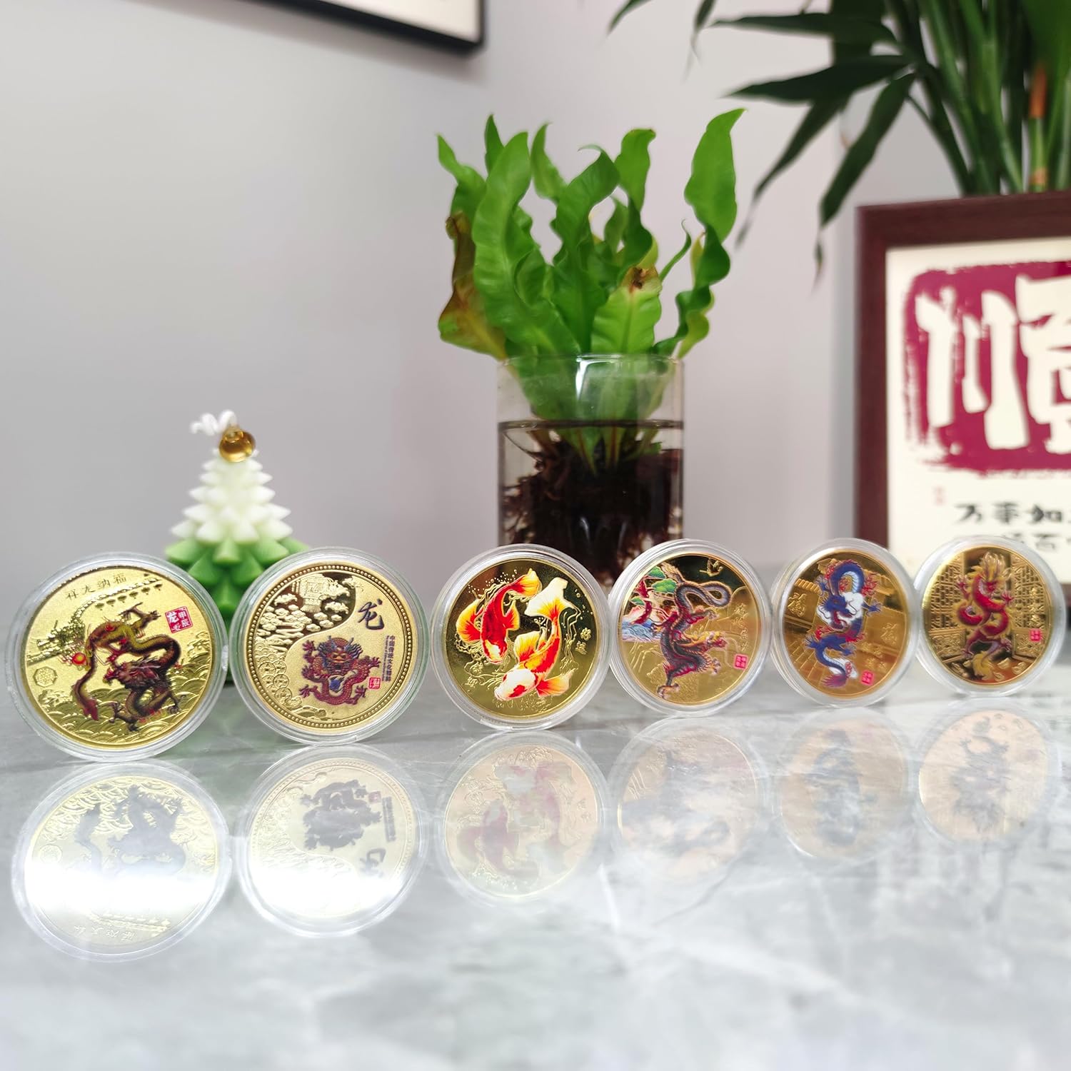 6PCS Good Luck Coins Asian Ancient Mythical Creatures 5Loongs and The Koi Fish Lucky Coin Sets Lottery Ticket Scratcher Tool Novelty Coins for Office Fortune Collection Gifts