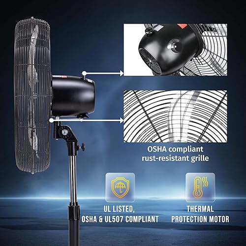 Miniatura 6 de Tornado Ventilador de pedestal oscilante de 20" - 5000 CFM, ventilador de pie, 3 velocidades, 1/6 HP, 6.6 pies, uso industrial y comercial