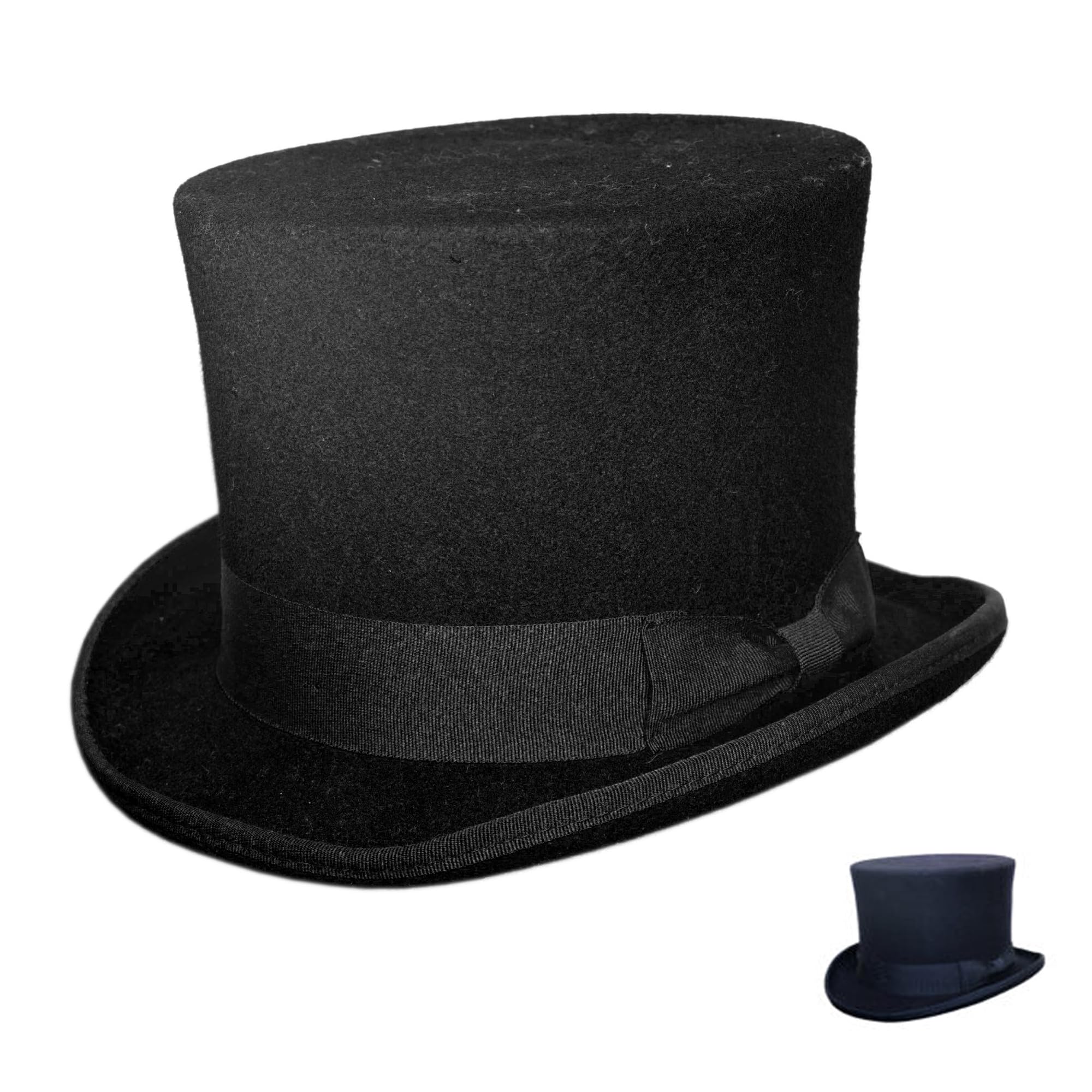 Handmade Pure Wool Top Hat for Men Satin Lined Topper Hat Mens Tophat Christmas Costume Cap, Wool Felt Top Hats for Men | Removeable Feather, High Crown & with Satin Lining (M,Black)